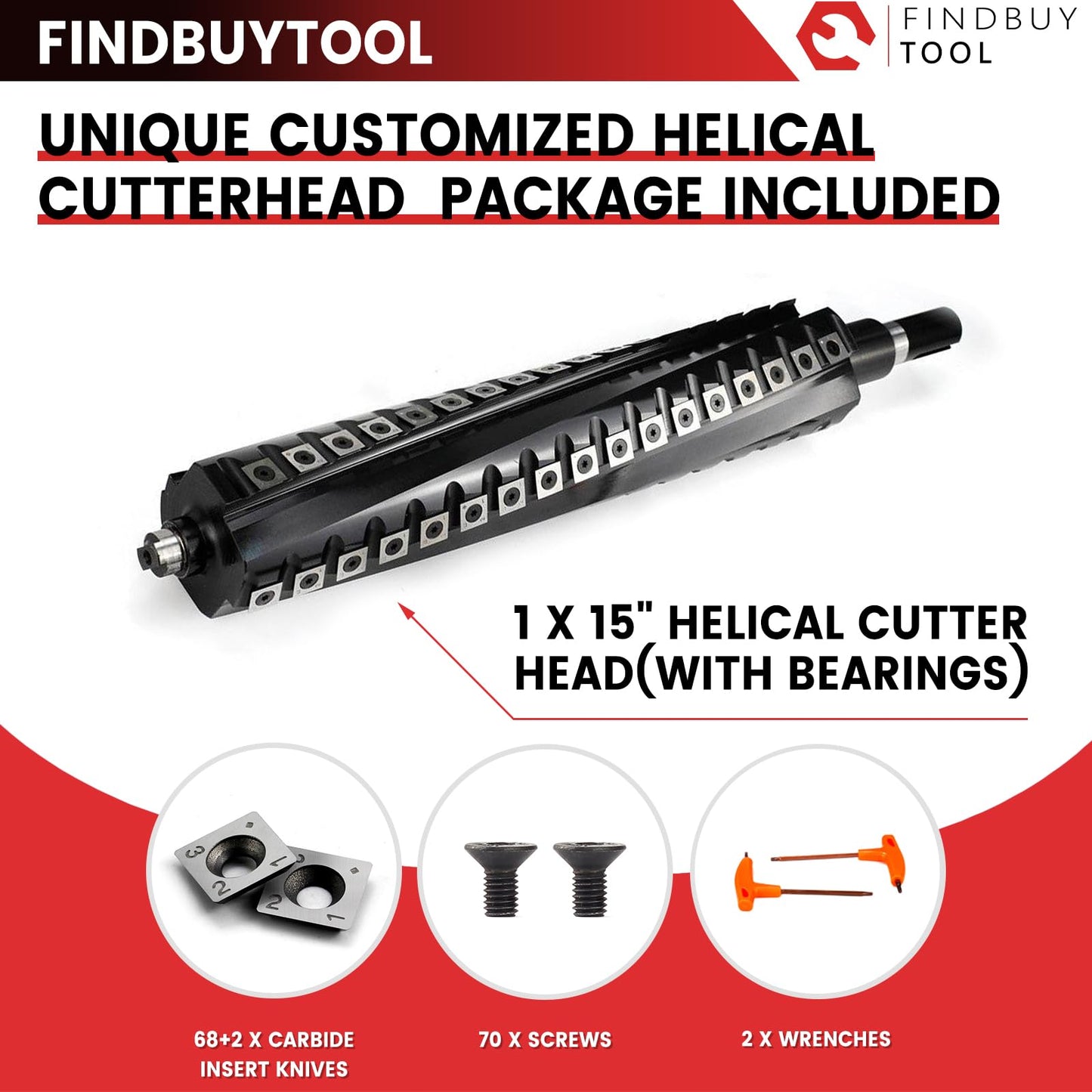 FINDBUYTOOL 15" Helical Cutterhead for Powermatic 1791209 Planer, 68 Carbide Inserts, Low Noise and Tear-Free Finish for Woodworking Tool Upgrade