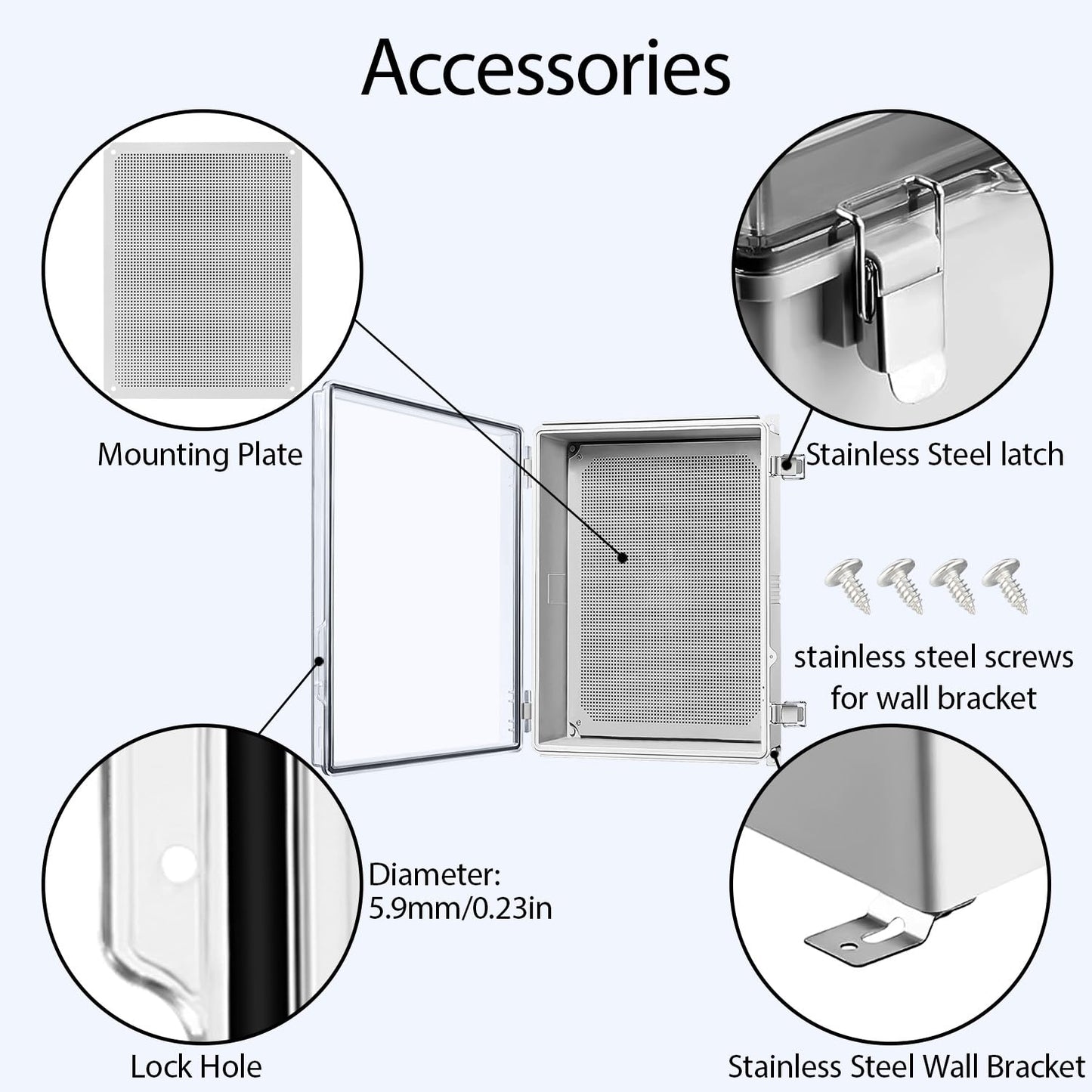 LeMotech Electrical Box, IP67 Waterproof Hinged Clear Cover Stainless Steel Latch Junction Box, ABS Plastic Electrical Enclosure with Mounting Plate,Wall Brackets, Cable Glands,19.6"x15.7"x7.8",Grey