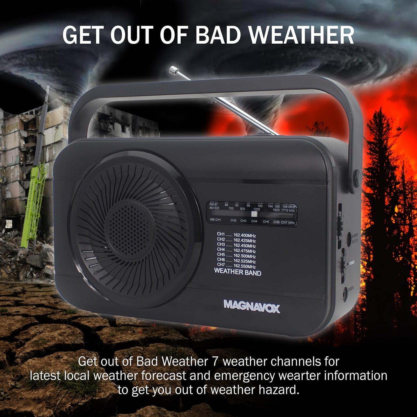 Magnavox MR4181W 7 3X Weather Radio with Dedicated Weather Channels and AM/FM Radio, Battery Powered Radio