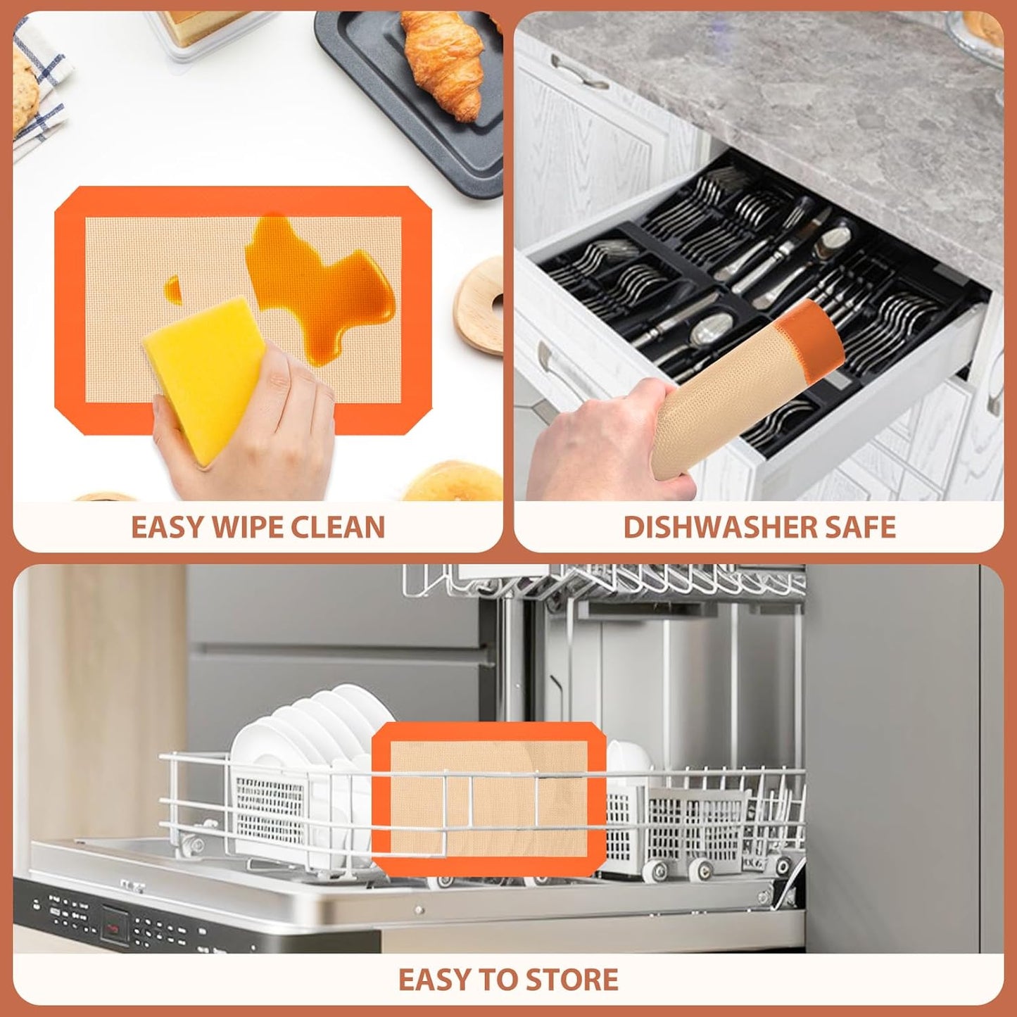 Skiennix Silicone Baking Mats - Non-Stick, Heat-Resistant & Reusable | 3-Piece Set in Orange for Cookies & Pastry