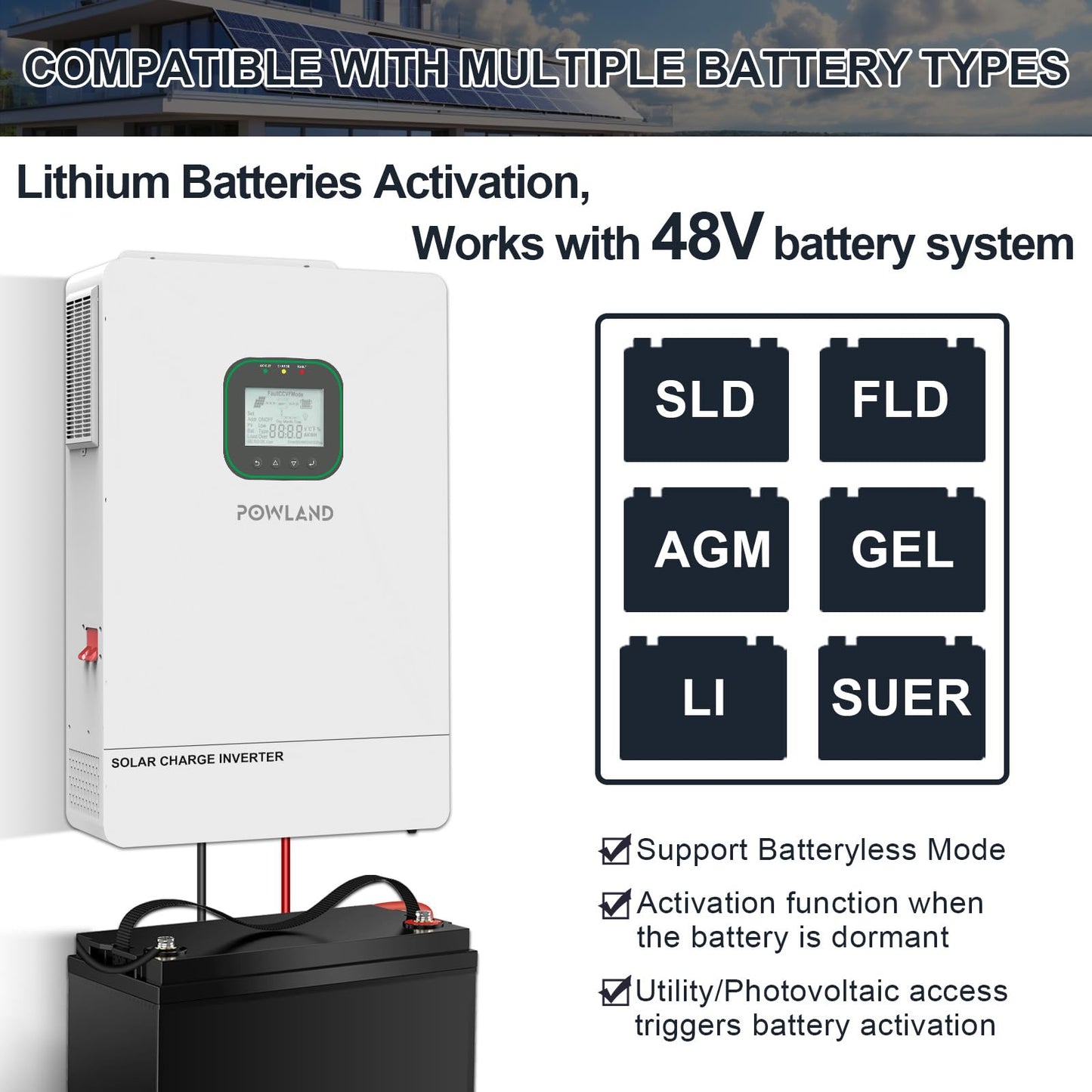 POWLAND 6500W Solar Hybrid Inverter with WiFi,Charger 48V DC to 120V AC Power Inverter,Built in 120A MPPT Charge Controller,Work with 48V Lead Acid/LiFePO4,Support Parallel up to 6 inverters