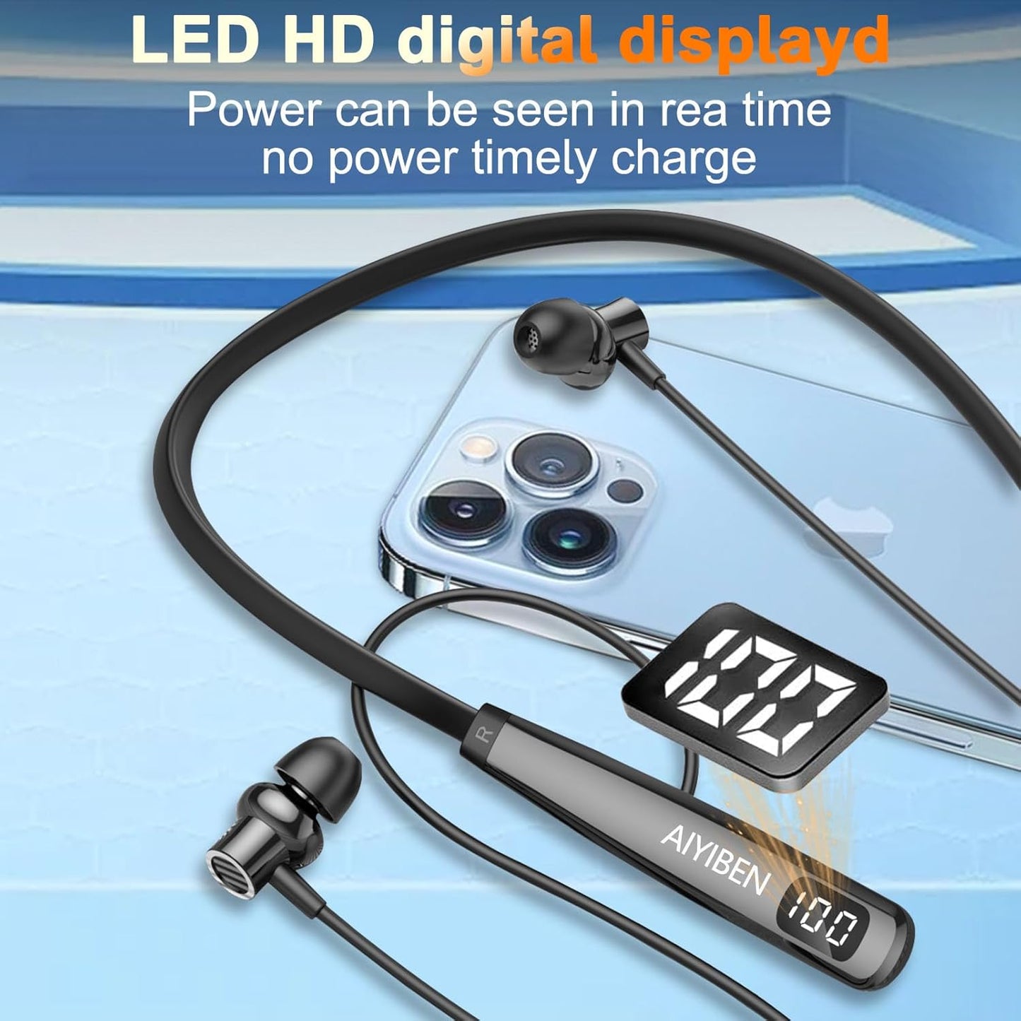 AIYIBEN 100 (Y10) Neckband Bluetooth Headphone with LED Power, Neckband Headphones Hours Playtime, in-Ear Bluetooth