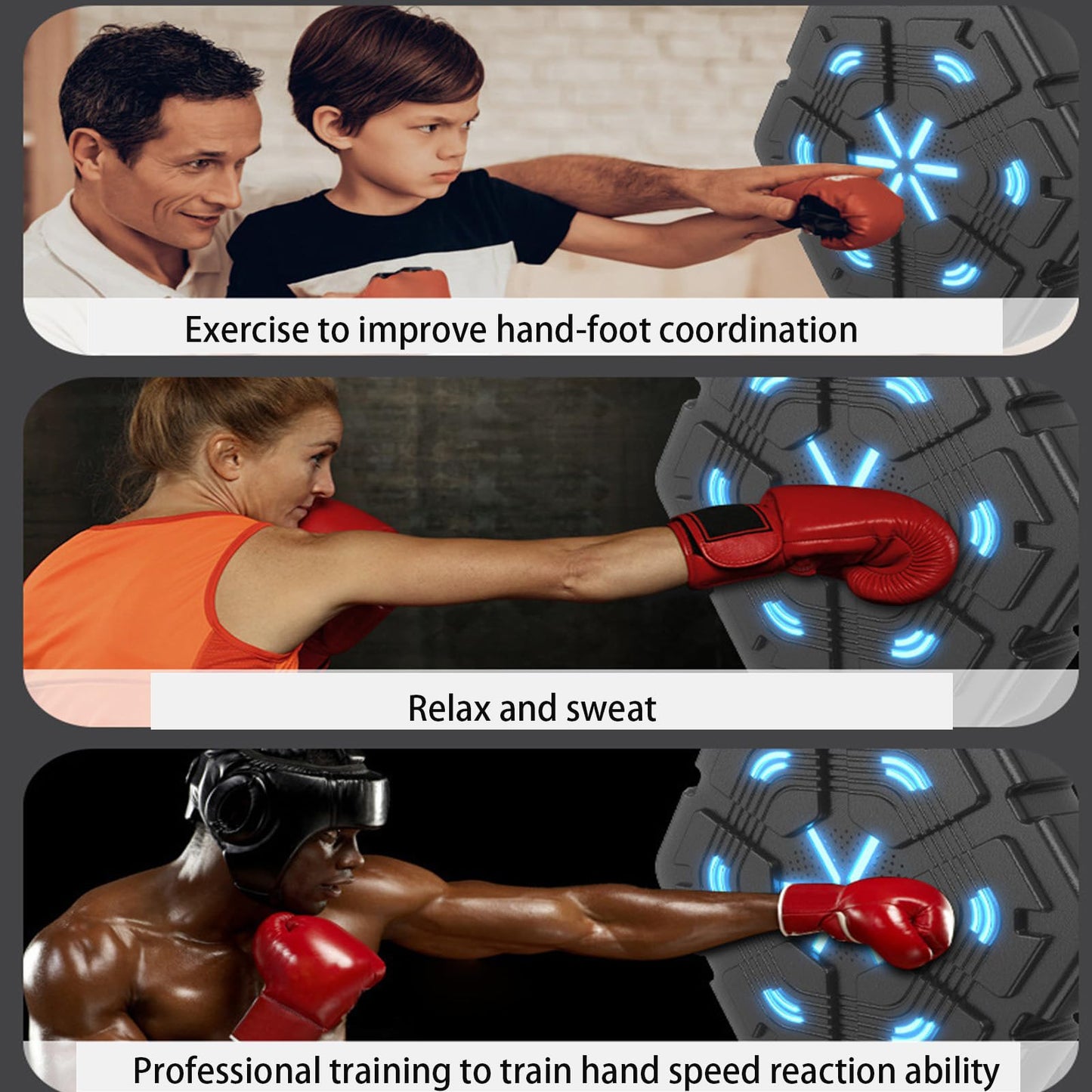 SofLuxe Music Boxing Machine,Striking Training Equipment,Home Equipment,Boxing Trainer,Strength Training,Interactive Lighting,Black Gloves
