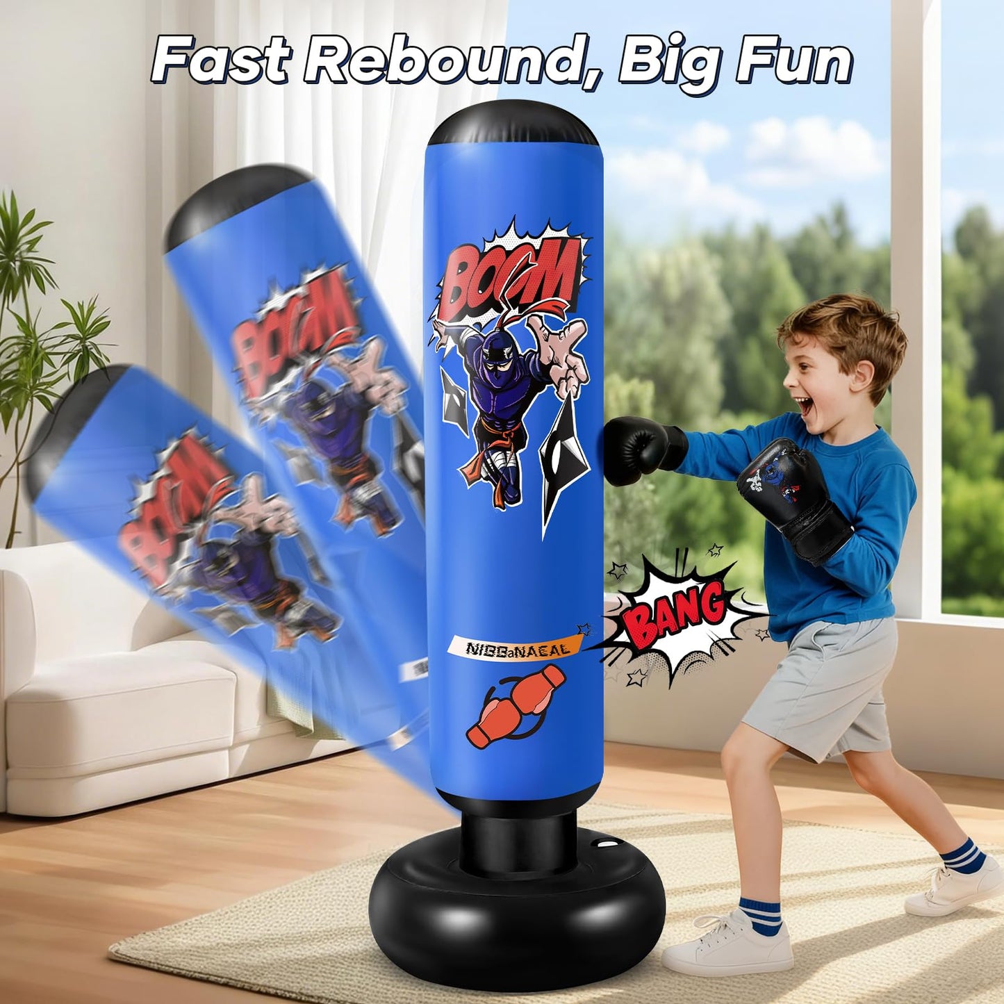 NIBBaNACAL Punching Bag for Kids 8-12, 63" Ninja Inflatable Boxing Bag with Gloves, Kids Punching Bag Gifts for Boys & Girls, 5-in-1 Boxing Set for Practicing Karate & Taekwondo