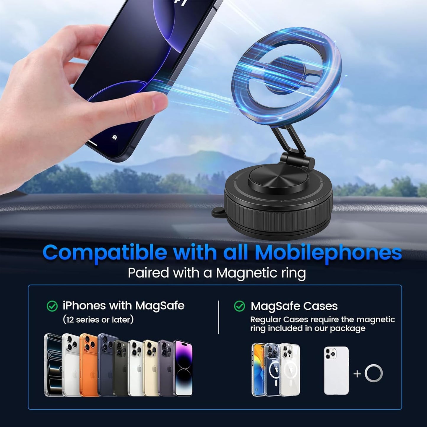 METINFUS Vacuum Magnetic Phone Holder for Car, 360° Ajustable Car Holders for Magsafe,Ultra Strong Suction Cup Phone Mount, Foldable Cell Phone Holders for Car/Gym/Mirror Bracket for iPhone & Android