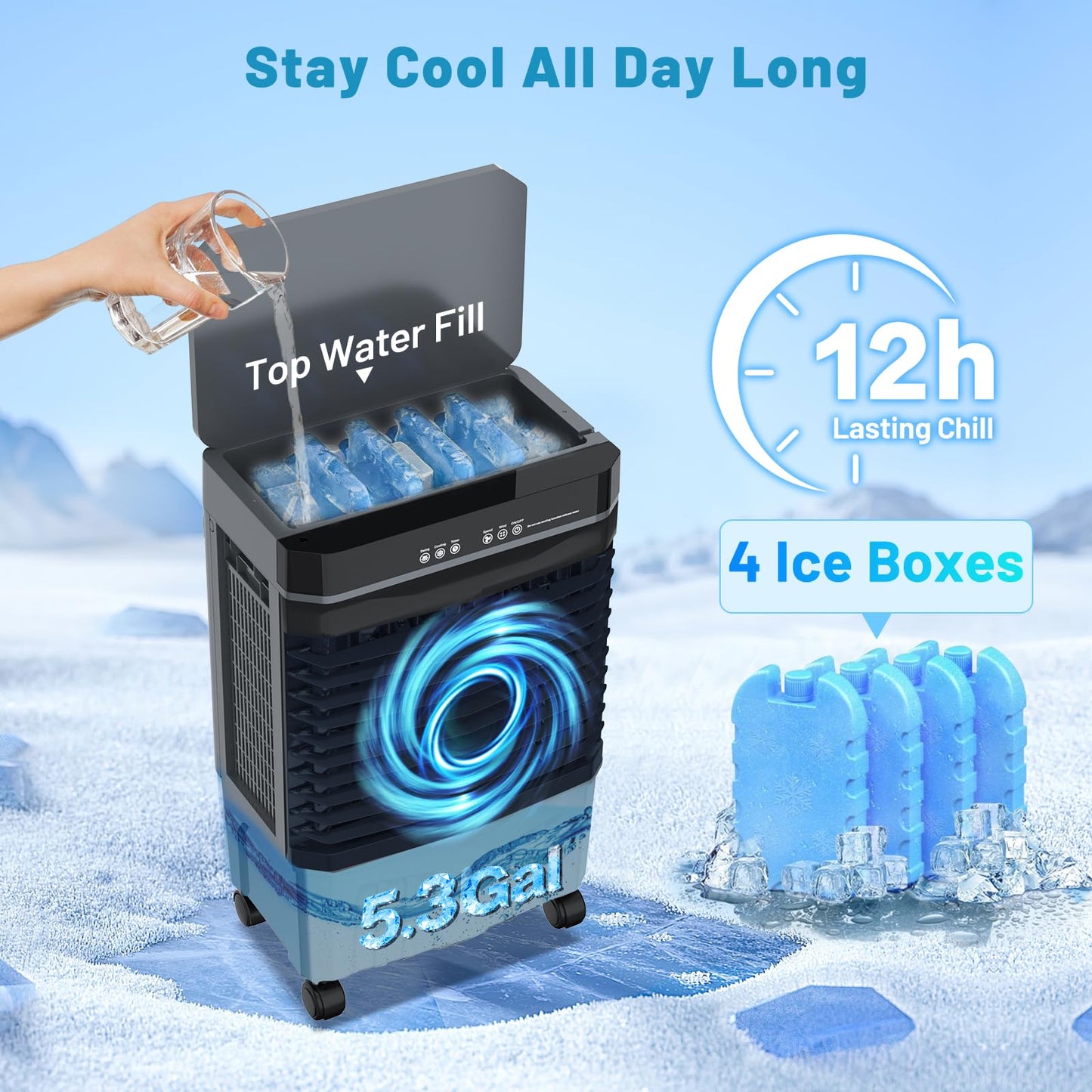 Auertech 5.3 Gal Swamp Cooler, 1800 CFM Evaporative Air Cooler with Water Tank & 4 Ice Packs, Evaporative Cooler with 12H Timer, 120°Oscillation, Portable Cooling Fan for Bedroom Home Office Garage