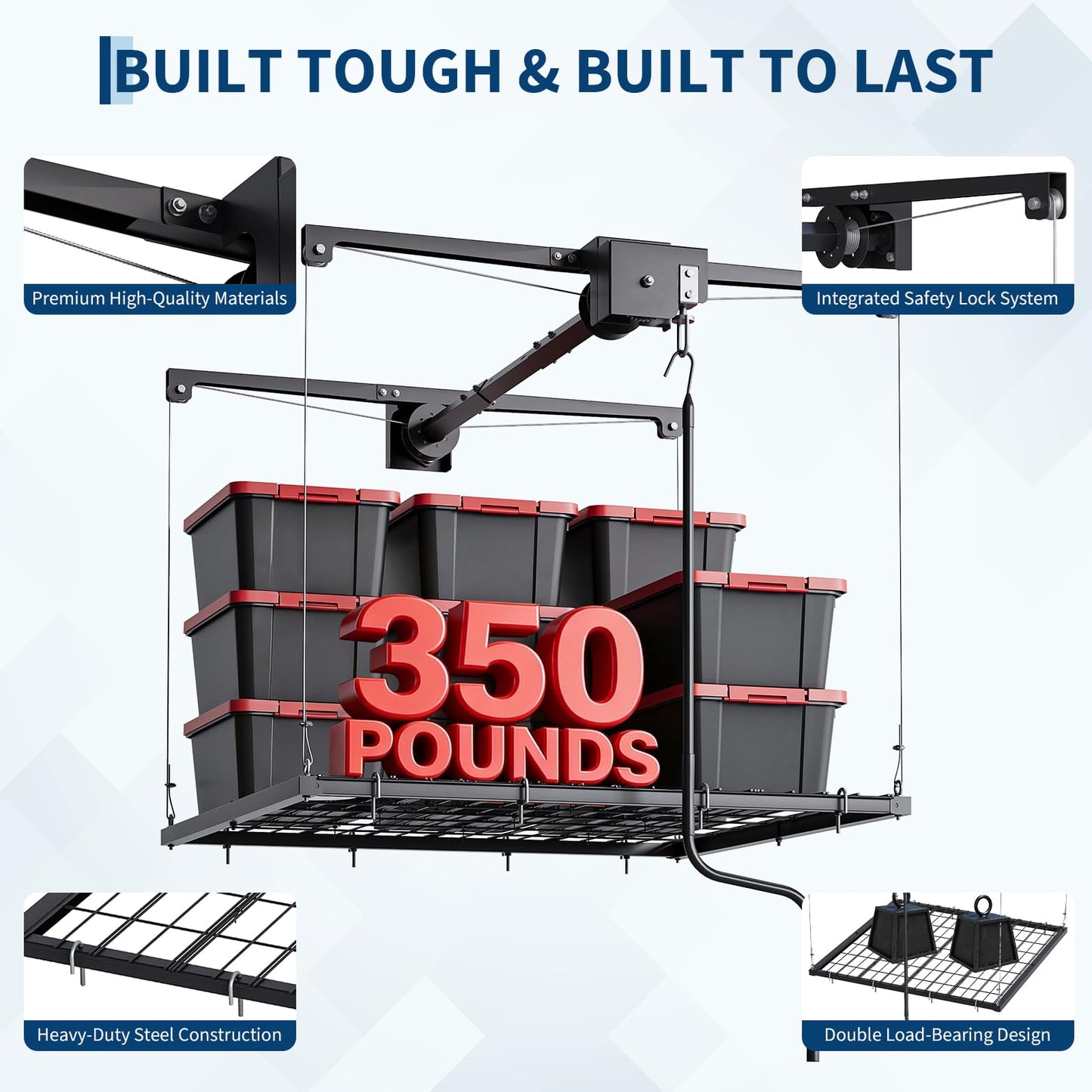GarveeTech Overhead Garage Storage Rack, Heavy Duty Adjustable 4x4 ft Ceiling Mounted Storage Racks, 350 Lb Capacity Overhead Garage Storage Rack with Manual Safety Lock for Garage Ceiling Storage