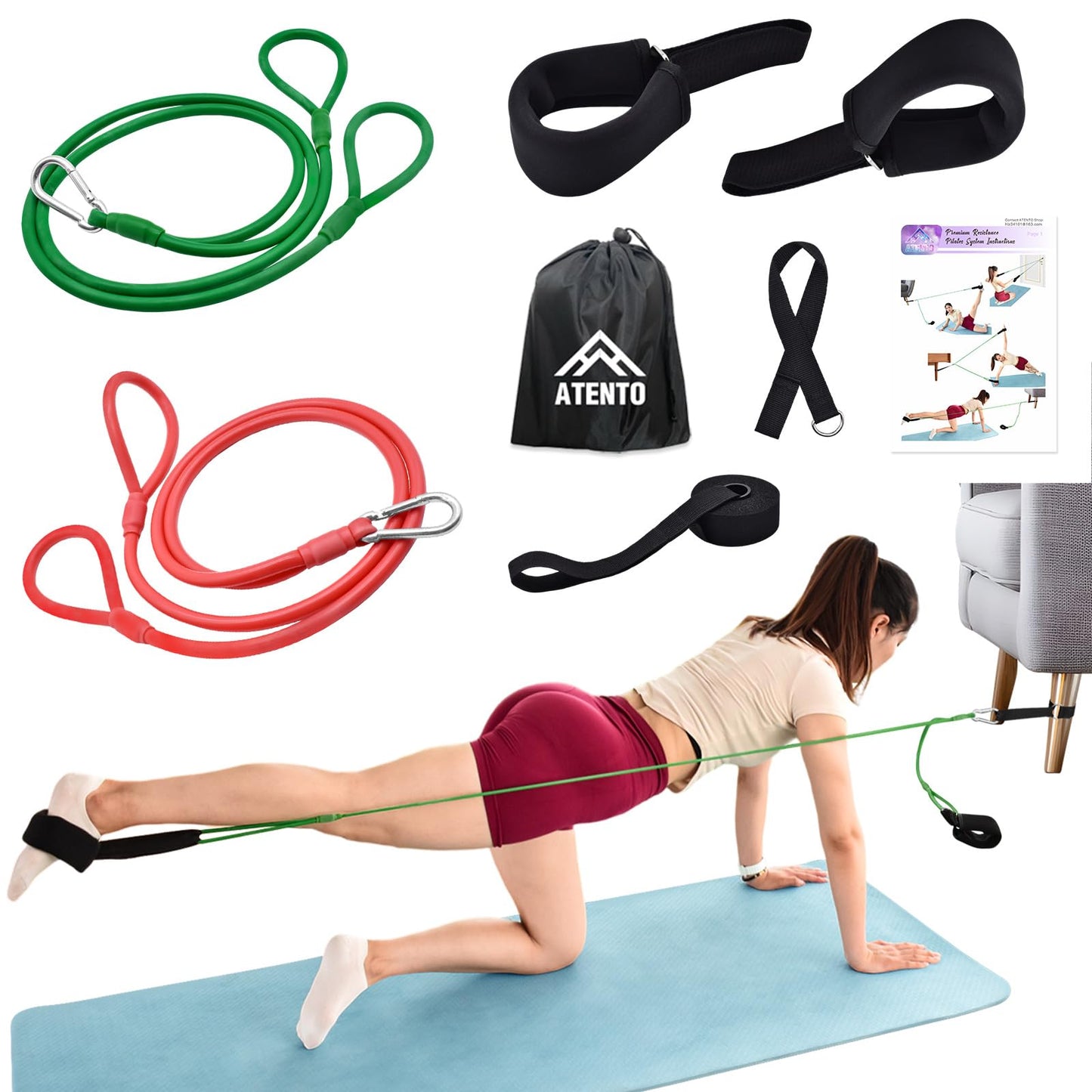 ATENTO Resistance Pilates System Reformer Style Pilates Lightweight Portable Pilates for Home Gym, 2 Pcs Resistance Bands,1 Door Anchor,1 Exercise Straps,1 Handle Straps
