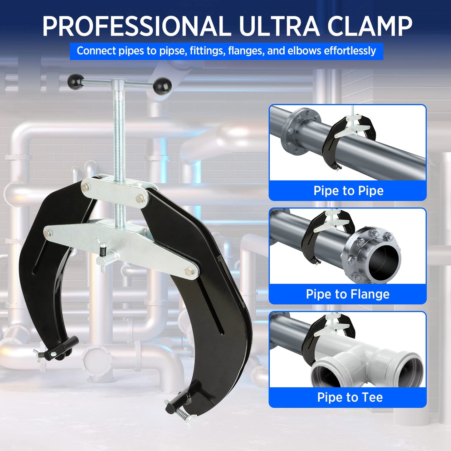 Pipe Clamp, 5 to 12 in, Steel Pipe Alignment Tool with Lightweight Design, High Strength Ultra Clamp with Quick Acting Screws, Black