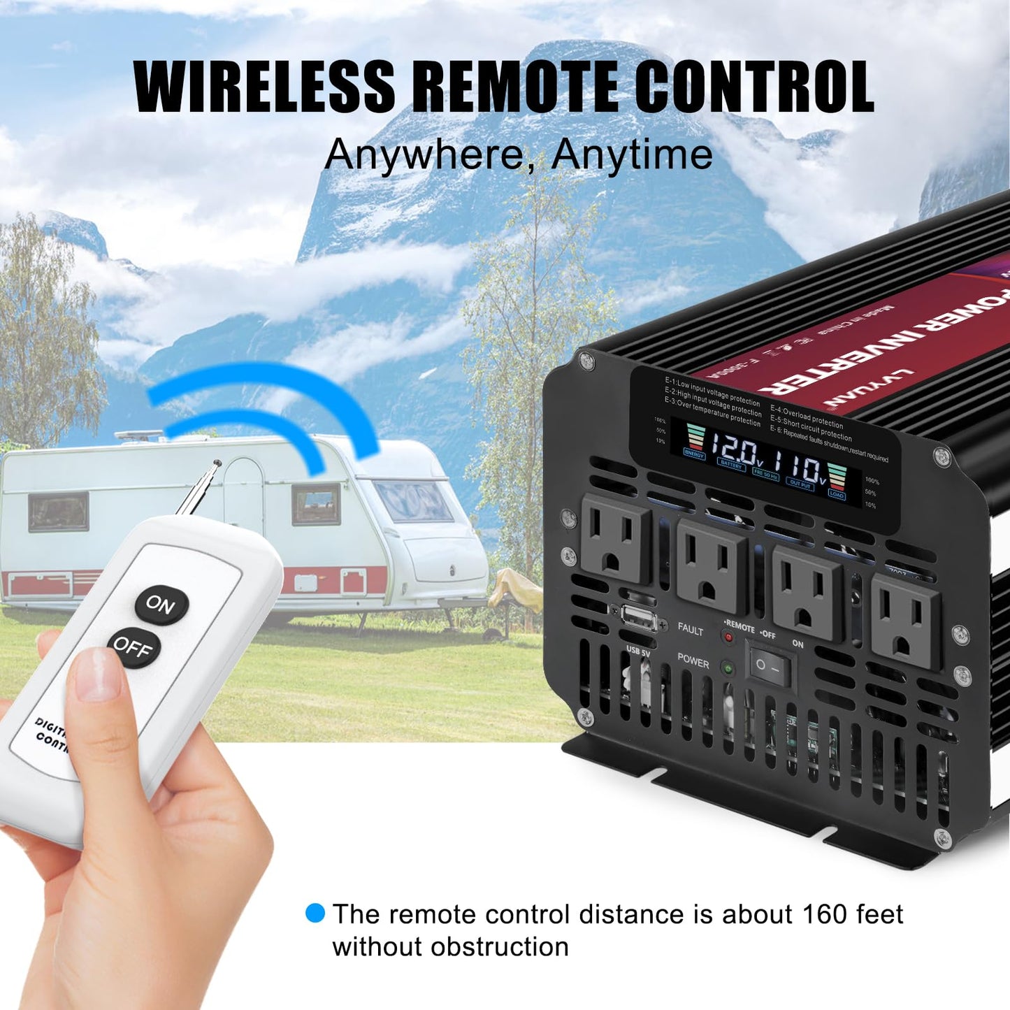 LVYUAN 4000 Watt Power Inverter 12V to 110V 120V for Vehicle, Solar Inverter System, Heavy Duty, RV, Truck, Off Grid,Camping with 4 AC Outlets, LCD Display, Wireless Remote Control, Car Power Inverter