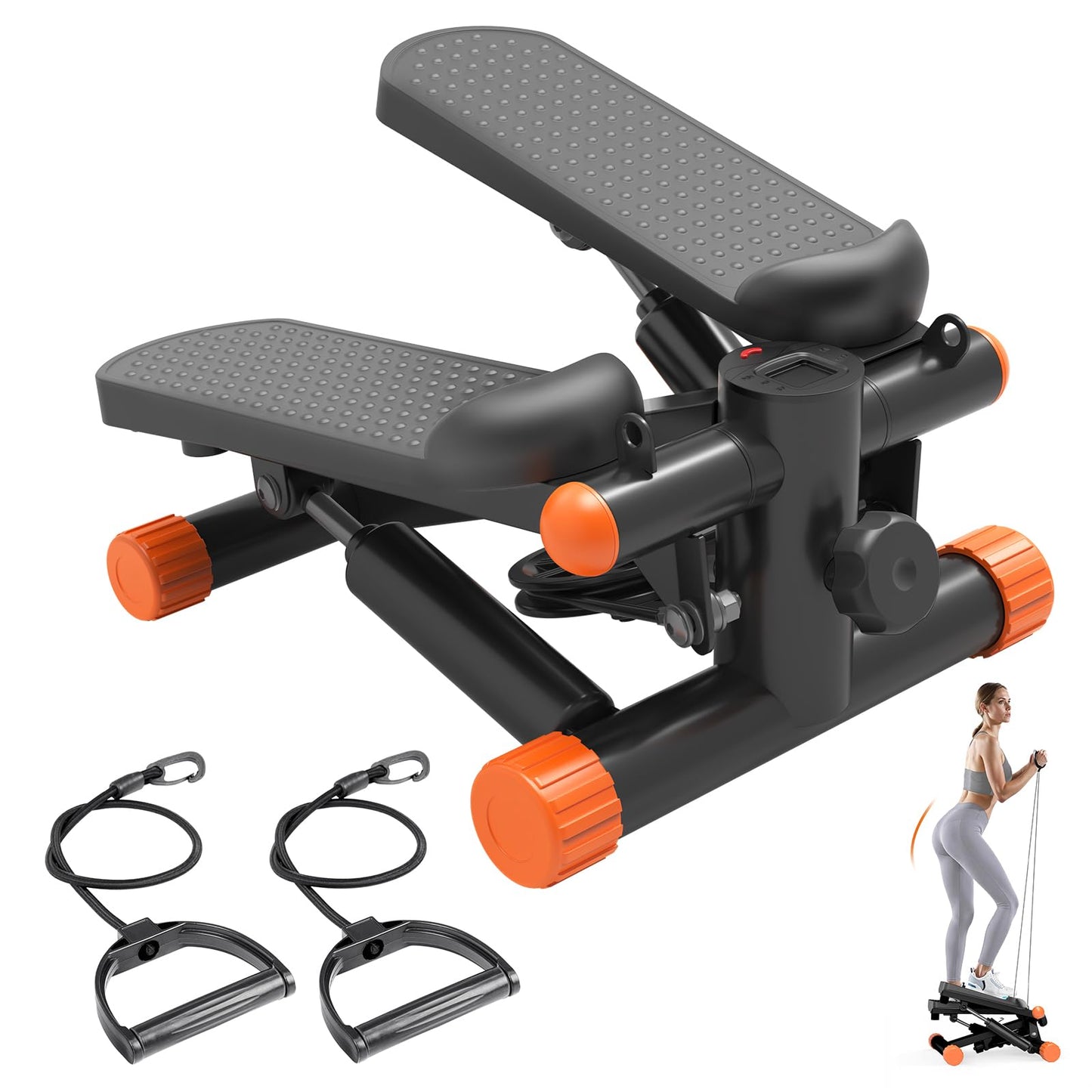 Sweetcrispy Mini Stair Stepper with Resistance Bands, Hydraulic Home Stepper Machine, 300 LBS Weight Capacity, Compact Cardio Equipment with LCD Monitor, No Assembly Required, Black&Orange