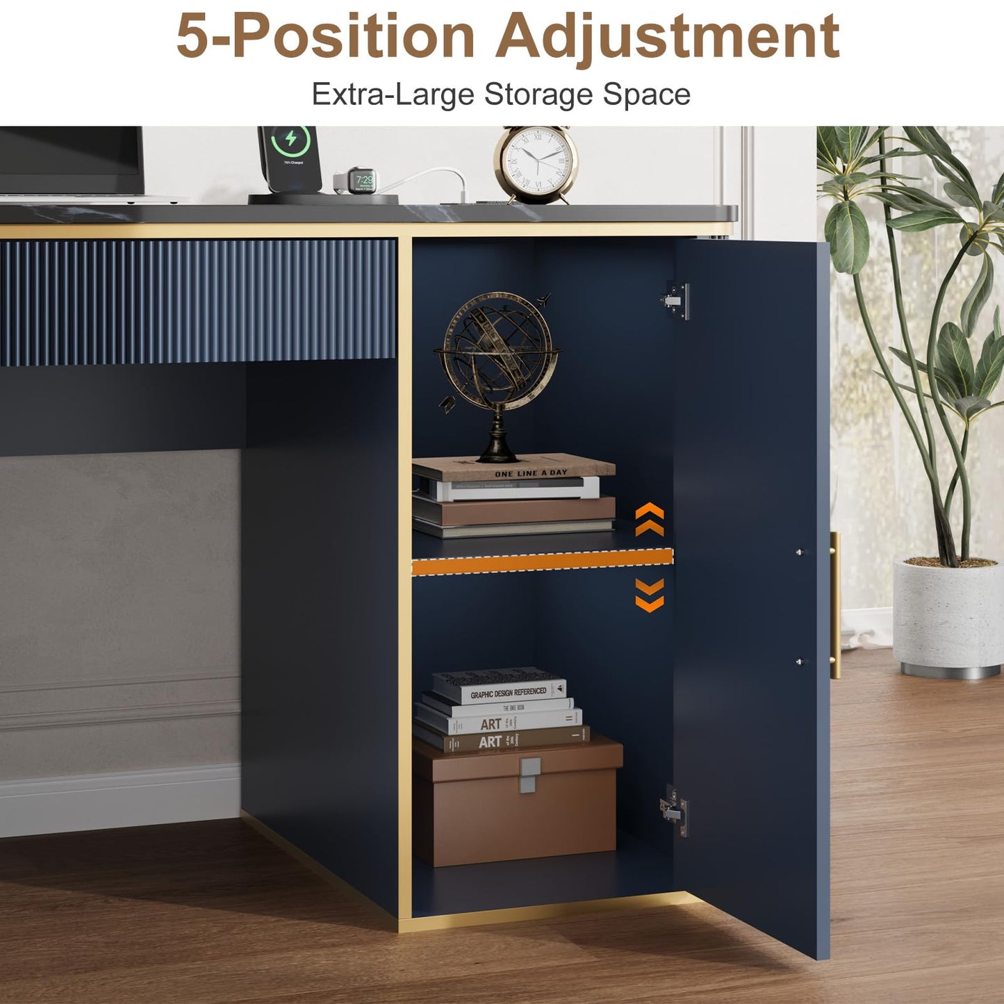 RNLRNL 60" Fluted Computer Desk, Wooden Long Home Office Writing Desk with Drawer & Storage Cabinet, Modern Writing Table with Charging Station, High Executive Desk for Office，Bedroom, Navy Blue