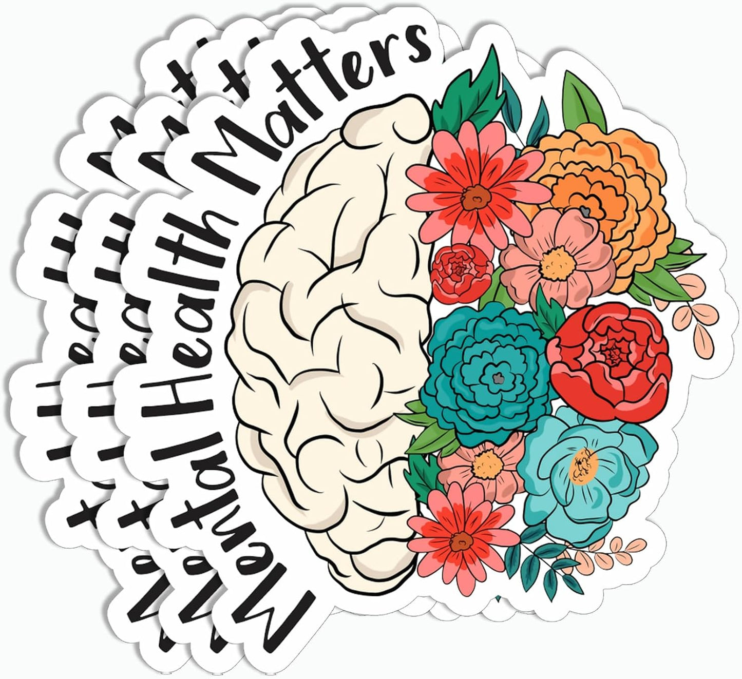 AKLDGifts 3Pcs - Mental Health Matters Sticker - Floral Brain Sticker - Healthcare Notebook Water Bottle Tumbler Laptop