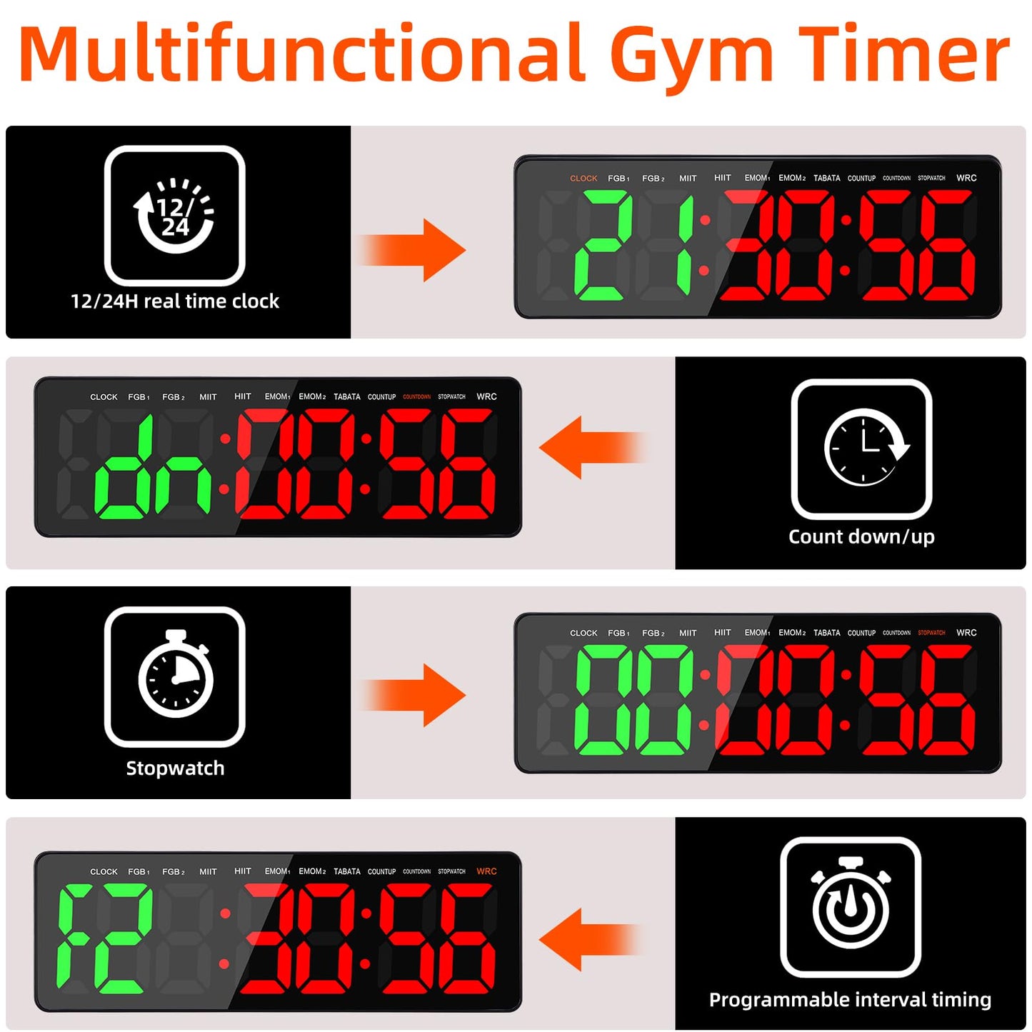AnExer Gym Timer Clock for Gym with Remote, 16.5" LED Workout Colck Count Down/Up Clock for Fitness, 12/24H Digital Wall Clock, Portable Home Accessories