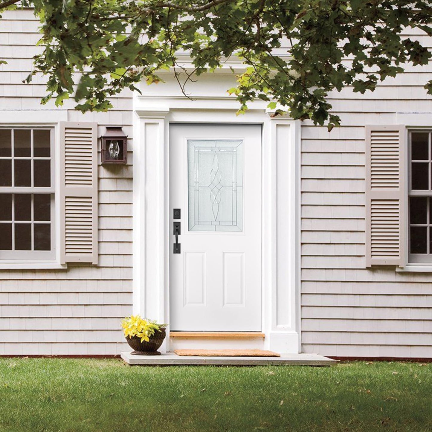 36x80 Fiberglass Prehung Exterior Door, Half Lite 2-Panel Frosted Glass Front Entry Door with Brickmould, White Primed (Right Hand Inswing)