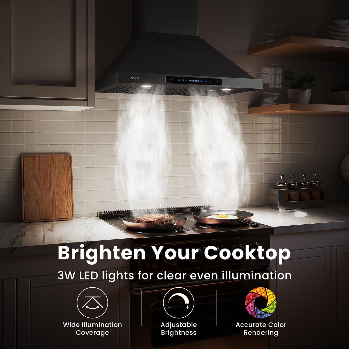 IKTCH 30 inch Black Wall Mount Range Hood, 900 CFM Ducted/Ductless Stainless Steel Vent Hood with Gesture Sensing & Touch Control Switch Panel, 2 Pcs Adjustable Lights