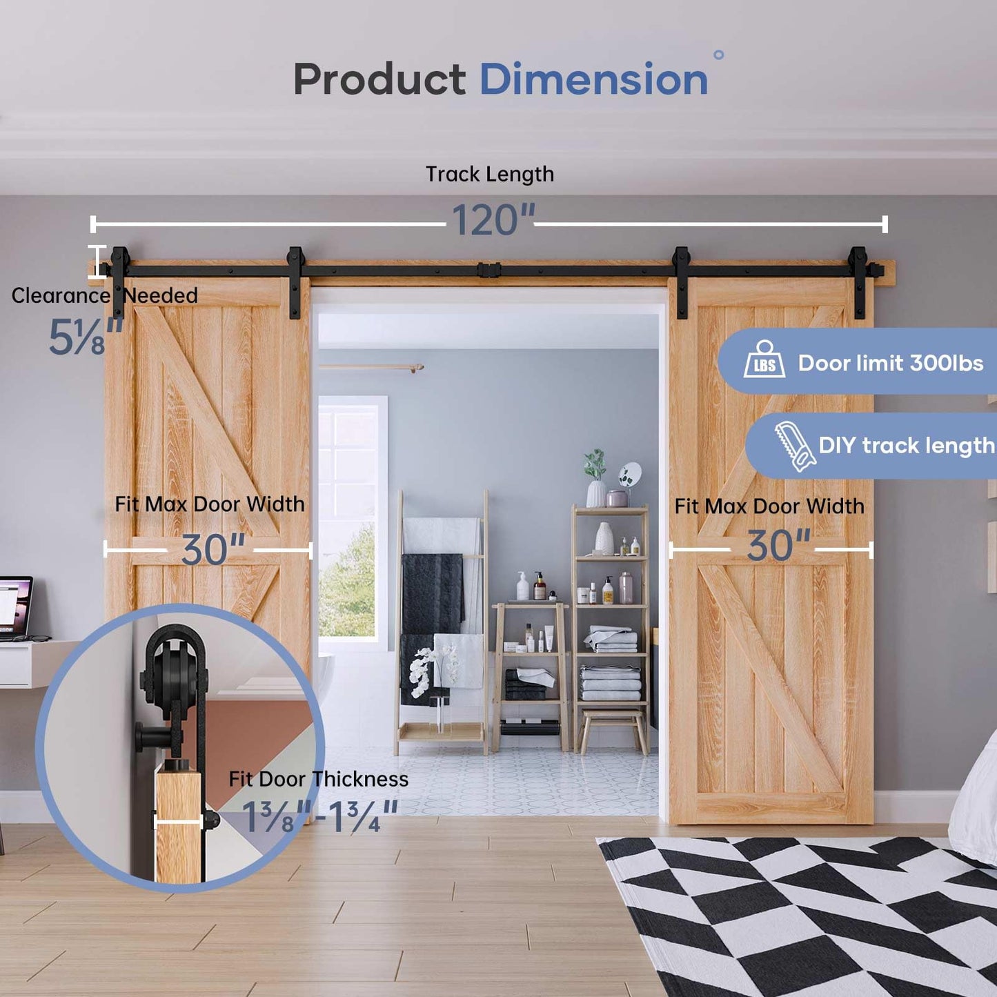 EaseLife 10 FT Double Door Sliding Barn Door Hardware Track Kit,Basic J Pulley,Heavy Duty,Slide Smoothly Quietly,Easy Install (10FT Track Kit for Double 30" Wide Door)