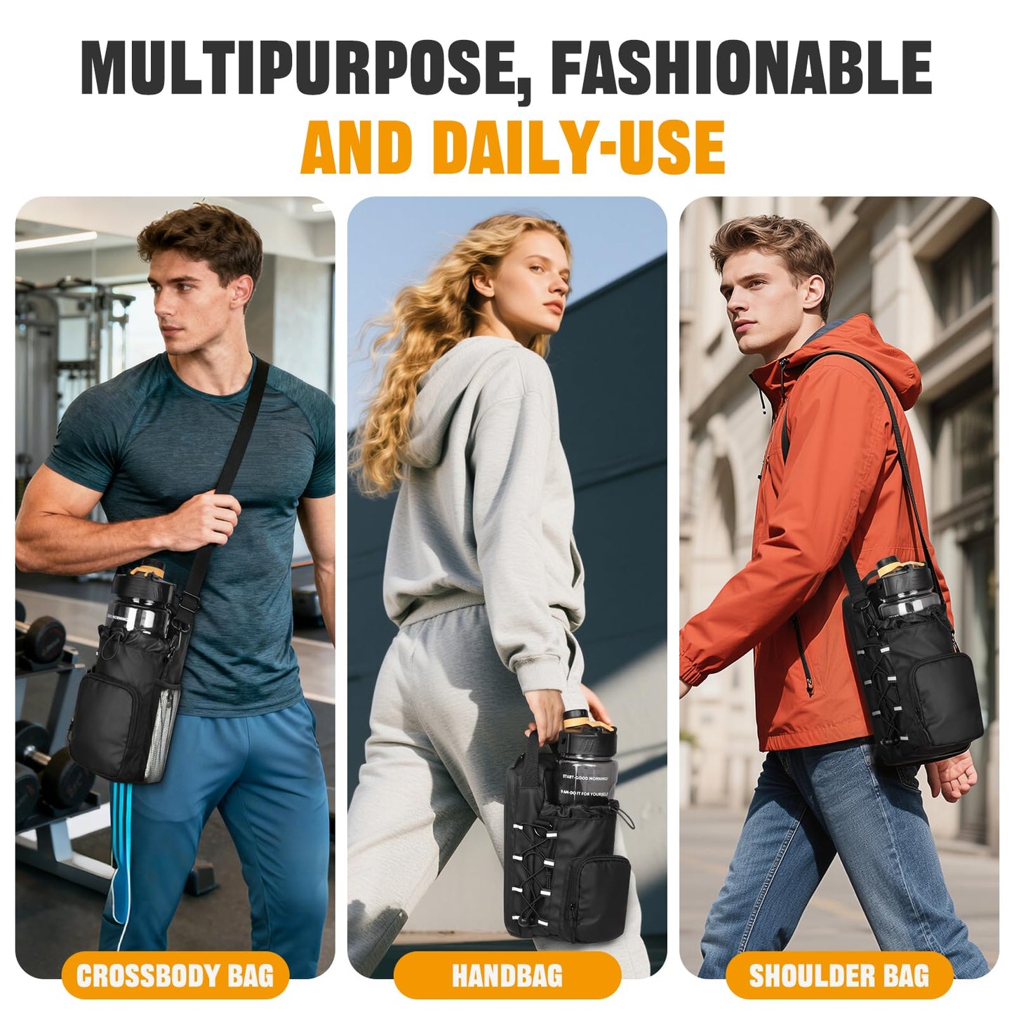 HUNTVP Magnetic Gym Bag Water Bottle Carrier Holder with Shoulder Strap & Phone Pockets, Magnetic Water Bottle Bag Pouch for Gym Fitness Essentials Accessories for Men and Women