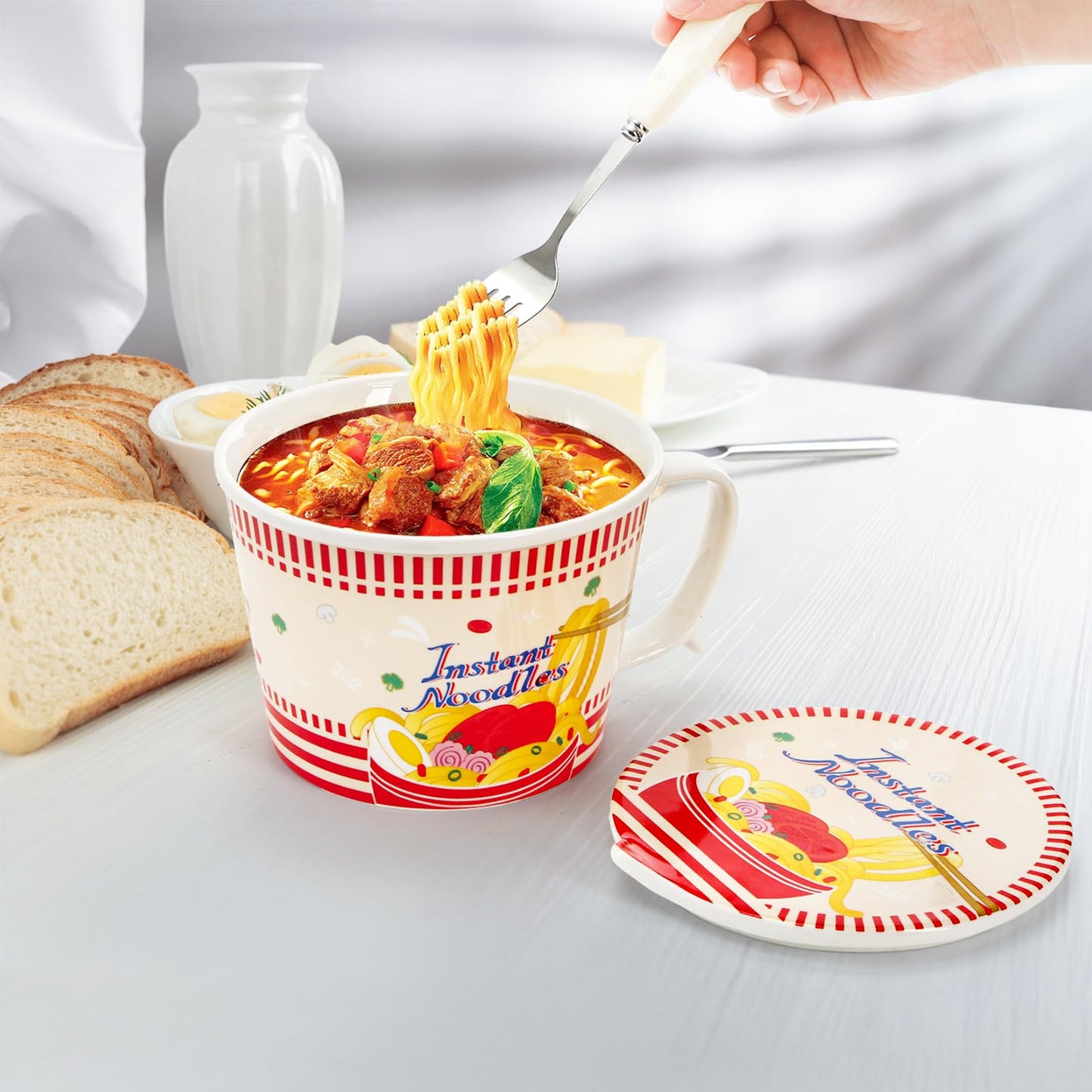 Pumtus Ceramic Ramen Bowl with Lid, 35 OZ Large Japanese Instant Noodle Cup with Fork & Handle, Cute Deep Soup Mug Set, Cereal Porridge Tableware for Home Office Dorm, Microwave & Dishwasher Safe