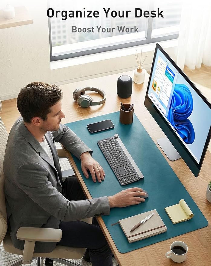 Aothia Faux Leather Desk Mat - Non-Slip PU Leather Desk Blotter, Waterproof Writing Surface, Large Desk Pad for Office & Home (Turquoise, 55" x 17")