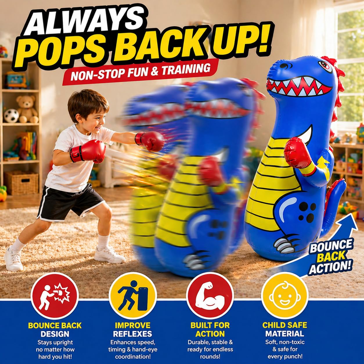 Inflatable Punching Bag for Kids - Blue, 47 Inch - Dinosaur Bop Bag Toy with Fast Bounce Back Action - Durable Punching Toy - Fill Base with Water or Sand for Stability - Ages 3-14