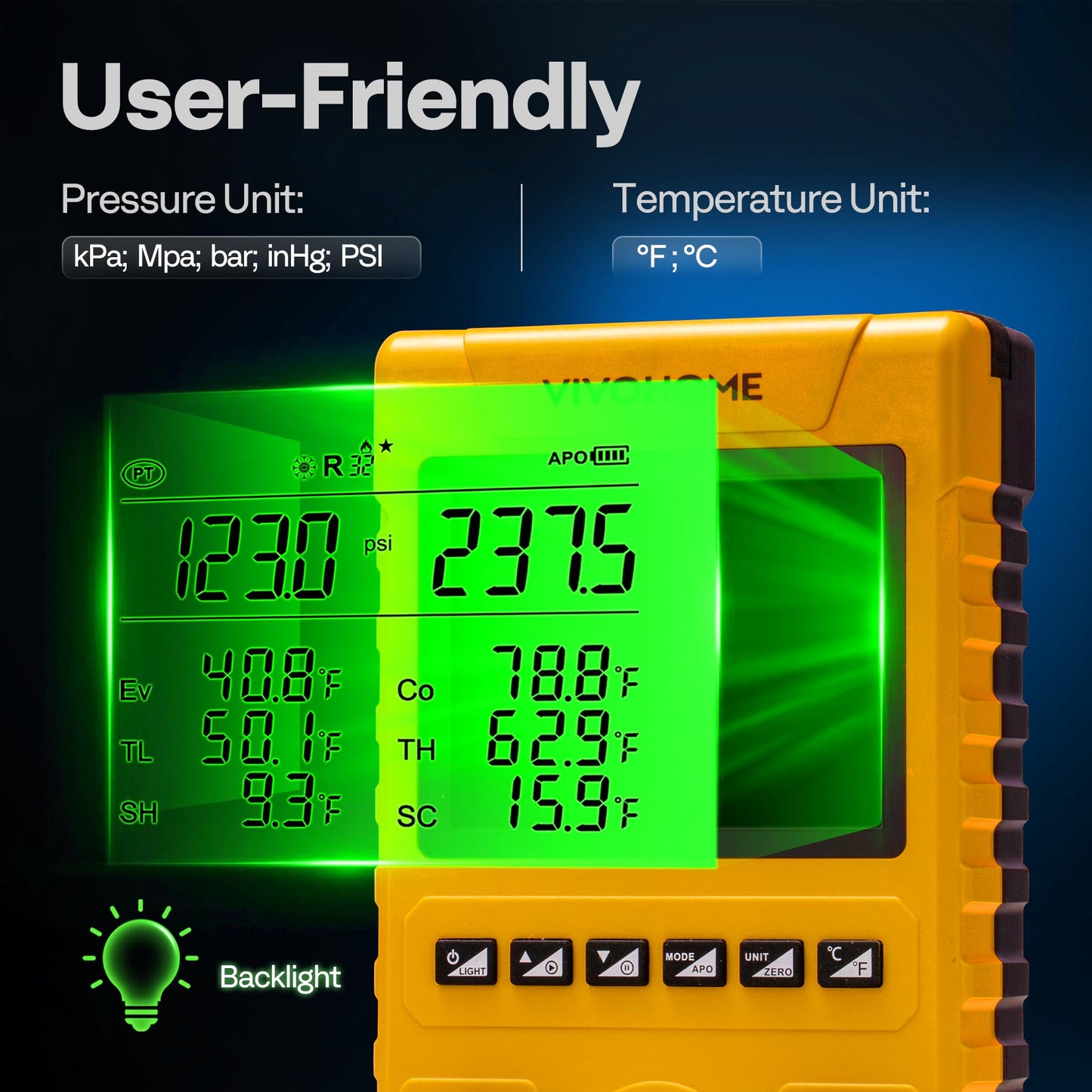 VIVOHOME Digital HVAC Manifold Gauge Set, Refrigeration AC Gauges with 2 Wired Temperature Clamp Probes and 3 Hoses, Pressure and Temp Test, for R134a R410a R32 R1234yf R454B Refrigerant Recharge Kit