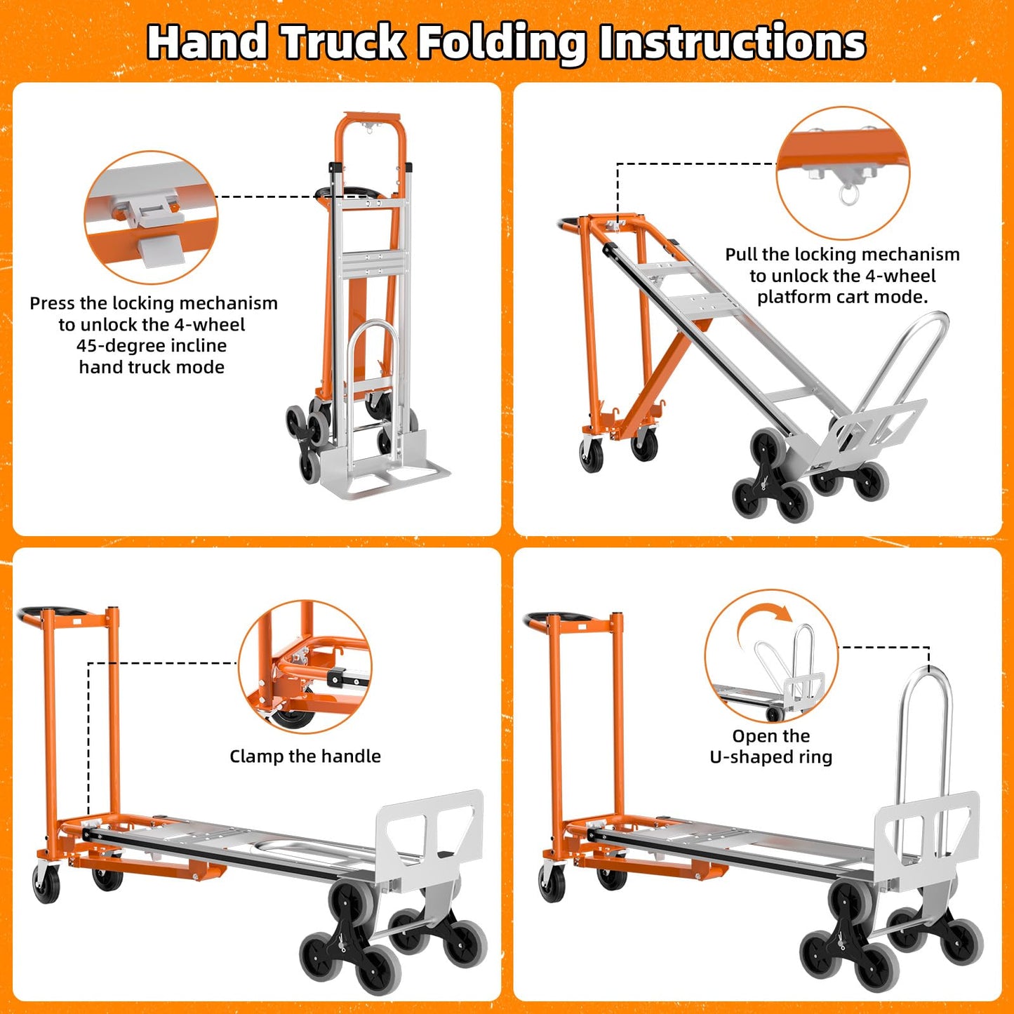 Aluminum 4 in 1 Convertible Hand Truck Dolly Cart with Wheels, 1000Lbs Capacity, Heavy Duty Stair Climbing Hand Trucks with Bungee Cord&Strap for Flat Ground & Stairs, Logistics, Home, Office, Orange