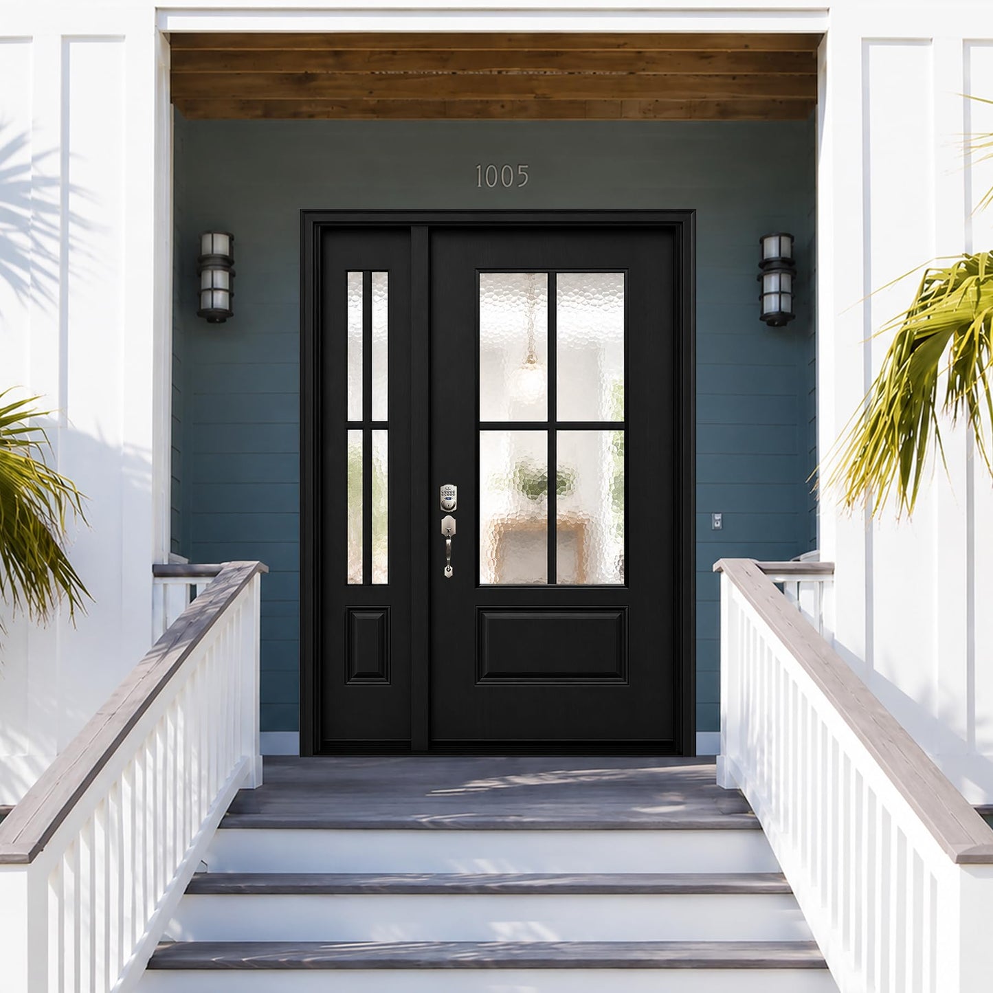 53x80in Fiberglass Front Door with 14in Sidelight, Black Exterior Entry Door for House, Right-Hand Inswing, Textured Finished with Hammered Glass Knock-Down Door, Vinyl Frame and Brickmould Included
