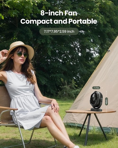 Gaiatop Portable Camping Fan with LED Lantern, Power Display 360° Head Rotation, Hanging Hook for Tent, 3 Speed Quiet Rechargeable, 4000mAh Battery Operated USB Fans for Indoor Outdoor Travel Black