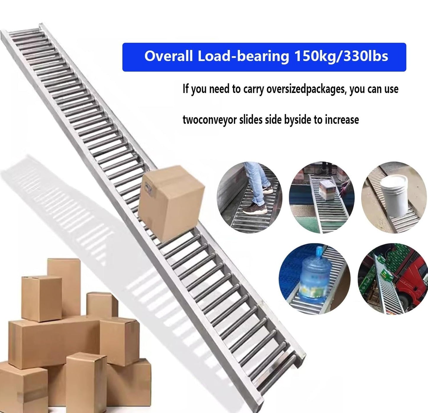 Portable Heavy-Duty Roller Conveyor Table, 50cm Wide, Foldable Flow Rail Rollers, 330 Lbs Stainless Steel Frame for Warehouse Freight Handling & Assembly Line (1m/3.3ft)