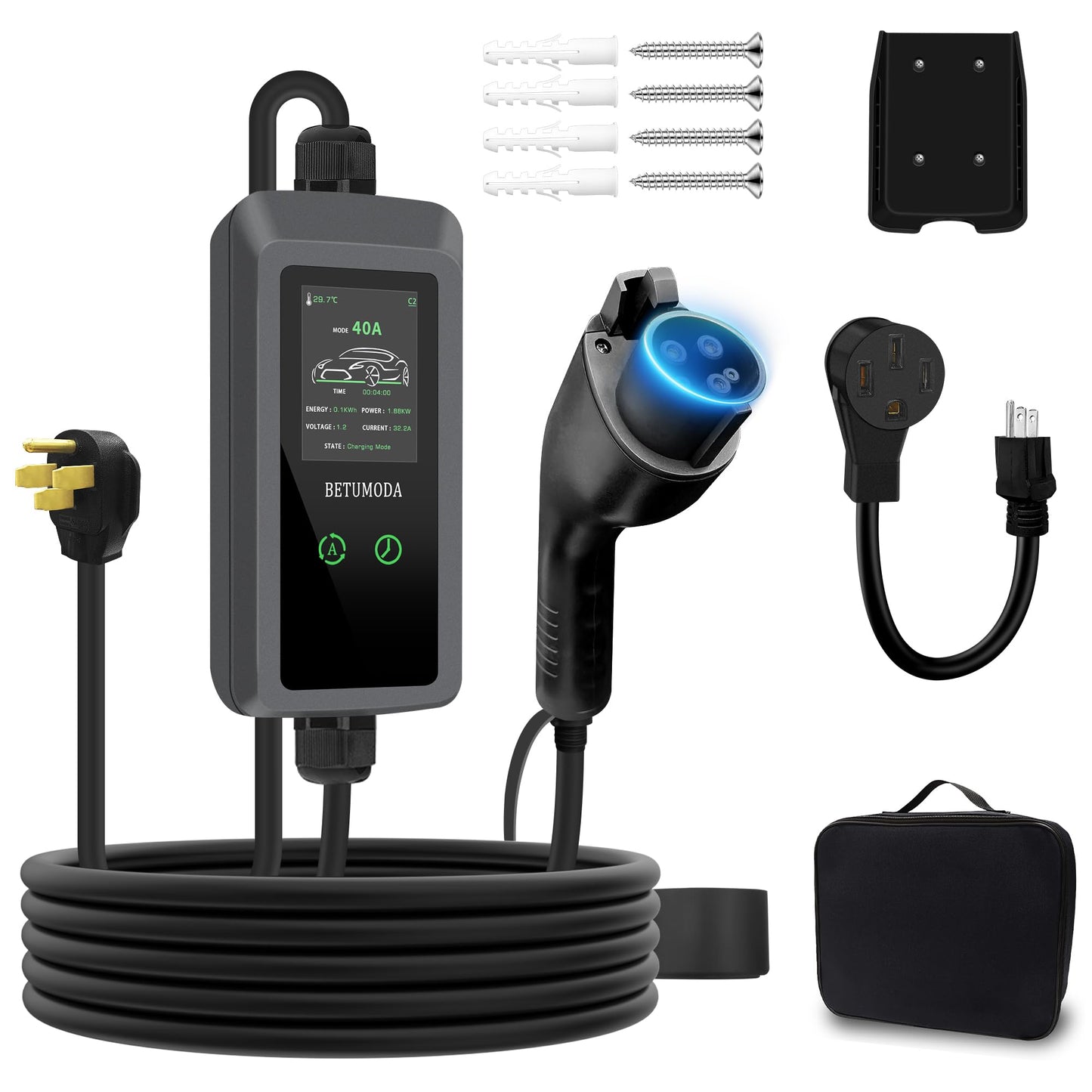 BETUMODA Level 2 EV Charger, 25ft,110V-240V, Portable Charger for Home/Outdoor,NEMA14-50 Plug and NEMA 5-15 Adapter Compatible with All J1772 Electric Cars/PHEV (Tesla Need Adapter) (40, Amps)