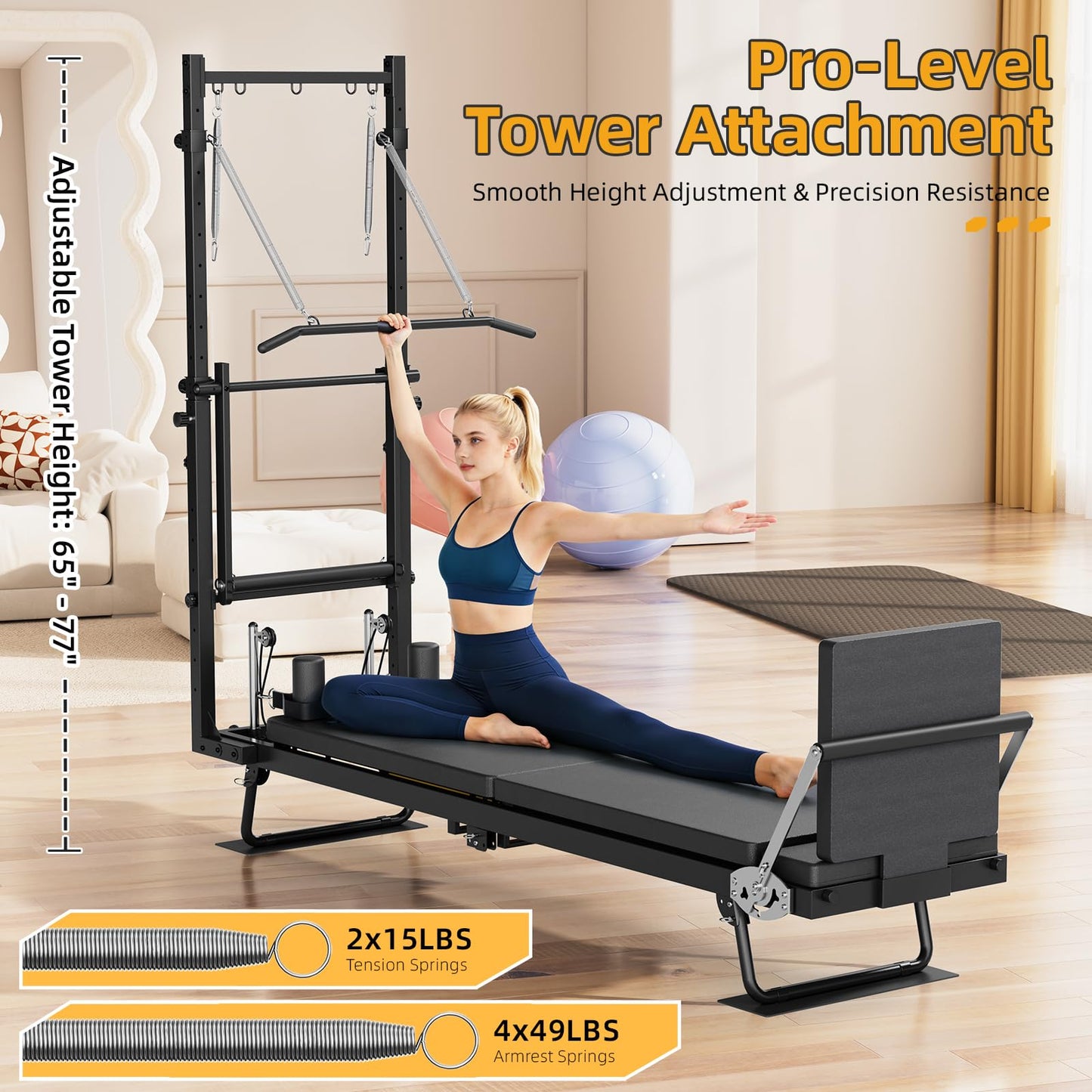 Buytime Pilates Reformer Machine with Tower, 93" Foldable Reformer Pilates Machine with Jumpboard and Wire Spings, Reformer Pilates Machine for Home Gym, Black