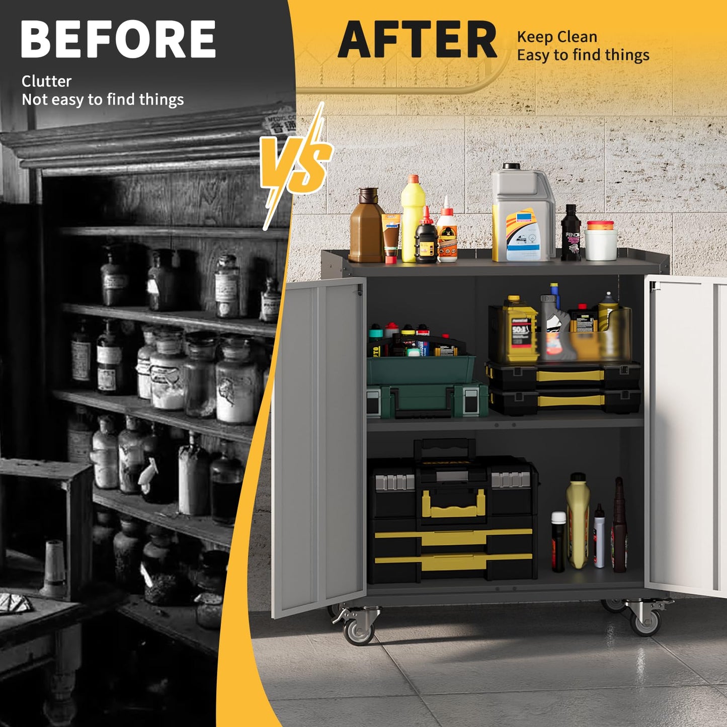 ExploreHorizon 35.43" High Heavy Duty Garage Storage Cabinet, Locking Metal Cabinet with Door, Rolling Tools Chest Cart Adjustable Shelf, Tool Cabinets for Home Office Workshop