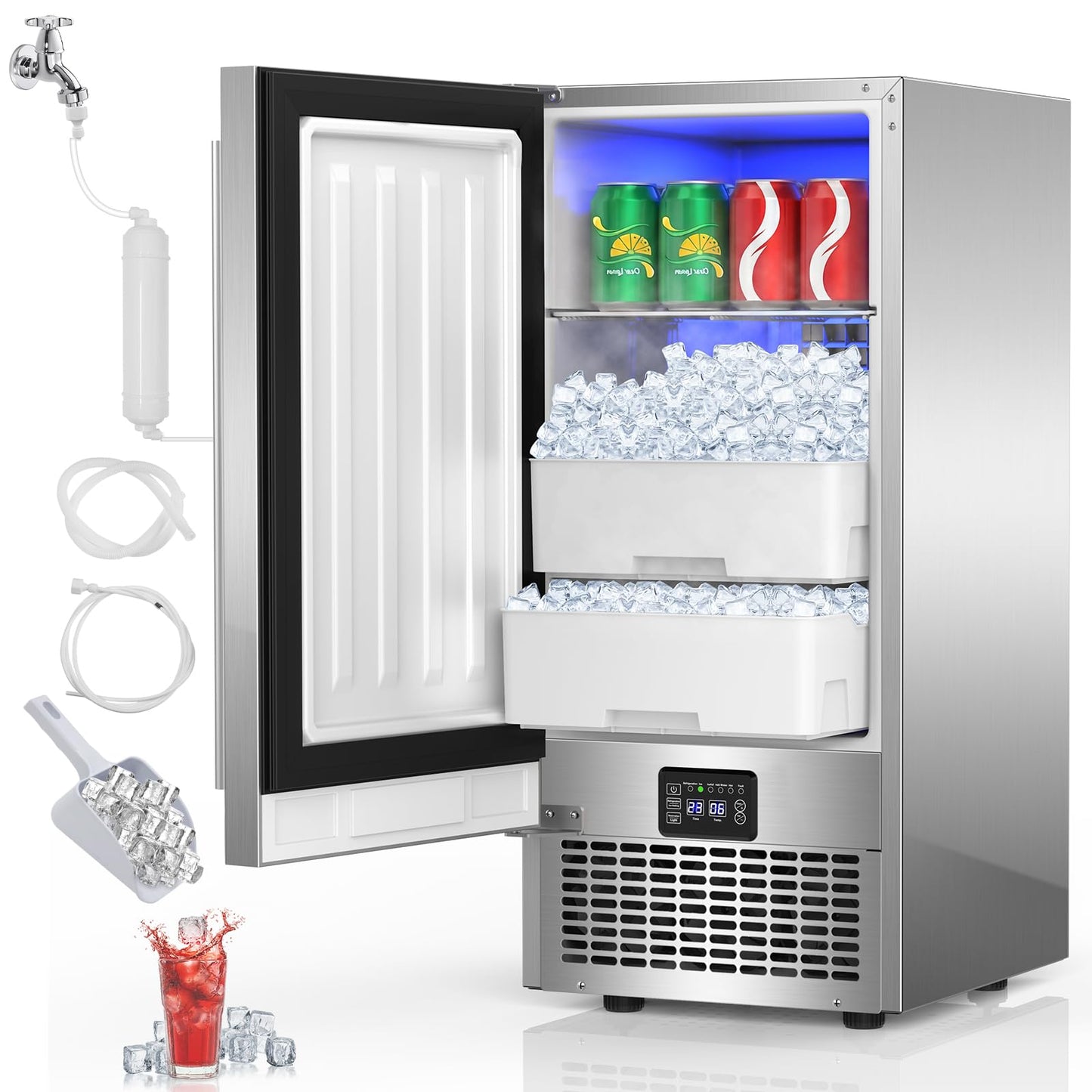 Under Counter Ice Maker 120lbs/24h, 2 in 1 Commercial Ice Machine & Beverage Refrigerator with 2 Drawers & 30lbs Storage, Stainless Steel Reversible Door, Adjustable Ice Thickness for Home Bar Kitchen