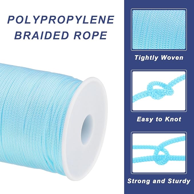 MECCANIXITY 1/12 Inch Polypropylene Rope Braided Ropes, 328ft Nylon Rope Hollow Utility Cord for Clothesline, Camping, Hiking, Outdoor, Sky Blue
