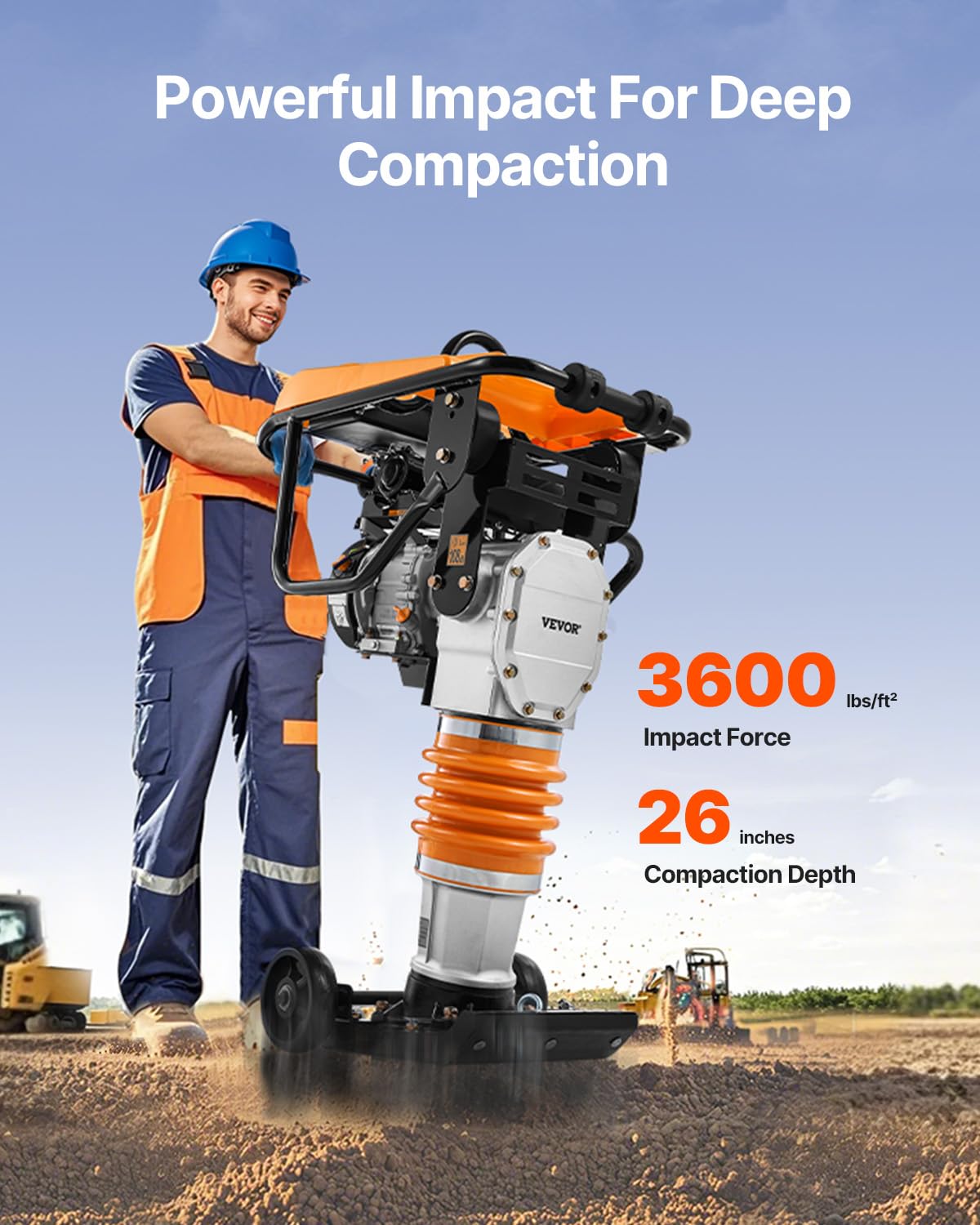 VEVOR Jumping Jack Compactor, 6.5 HP Vibratory Rammer Fuel-Powered 196 cc Engine Tamper, 3600 lbs Impact Force, 26" Max Compaction Depth, for Soil, Gravel, Footings, Concrete Slabs, and Foundations