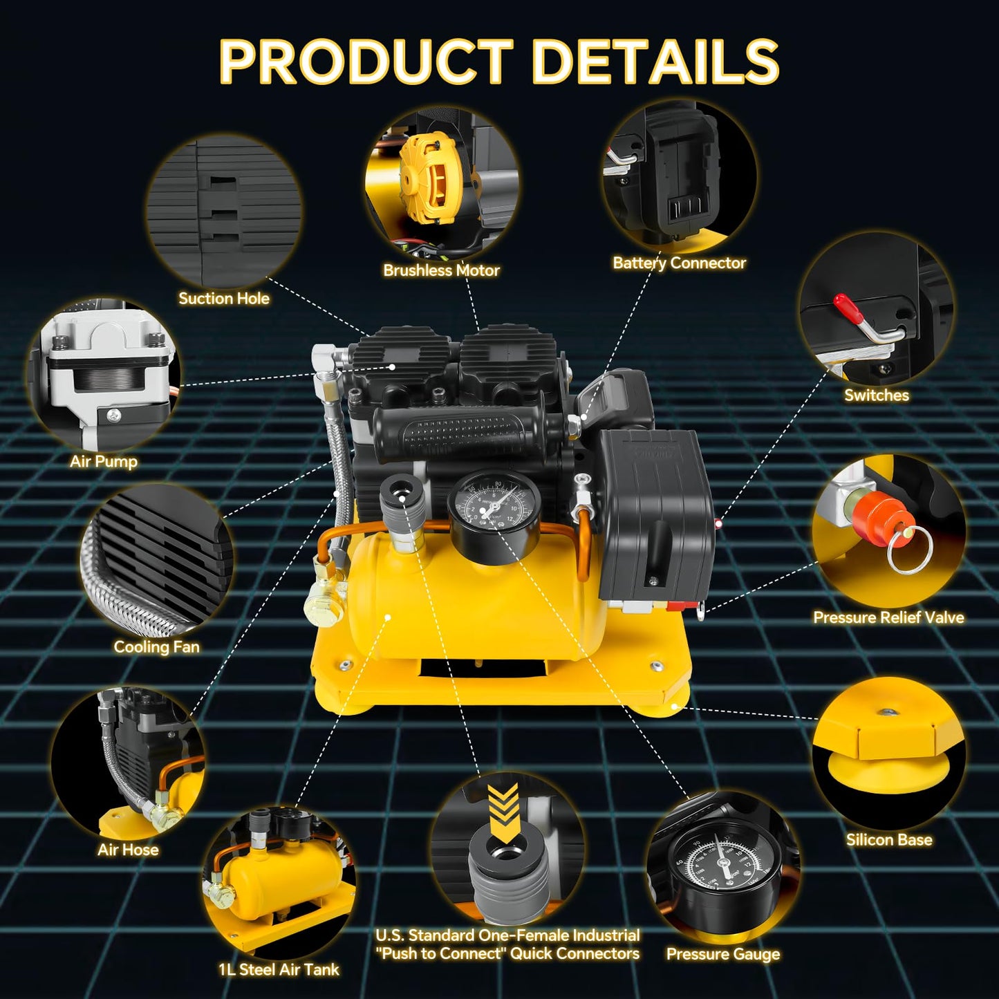 Cordless Air Compressor Compatible with Dewalt 20V Battery, 0.26-Gallon Capacity, Oil-Free, Ultra Quiet Portable Air Compressor, 65 dB Noise Level Electric Air Compressor