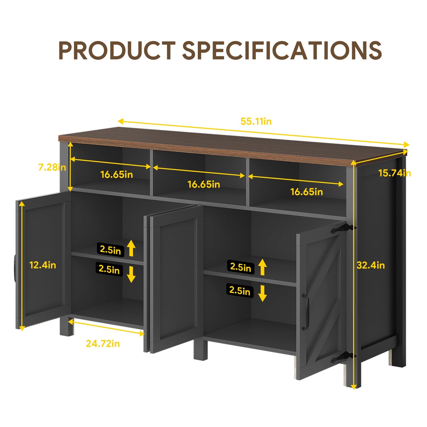 knoworld Buffet Sideboard with Storage Farmhouse with 4 Doors, 55'' Large Kitchen Storage Cabinet Wood Coffee Bar Cabinet Buffet Table with Shelves for Kitchen, Dining Room, Entryway (Black, 55 in)