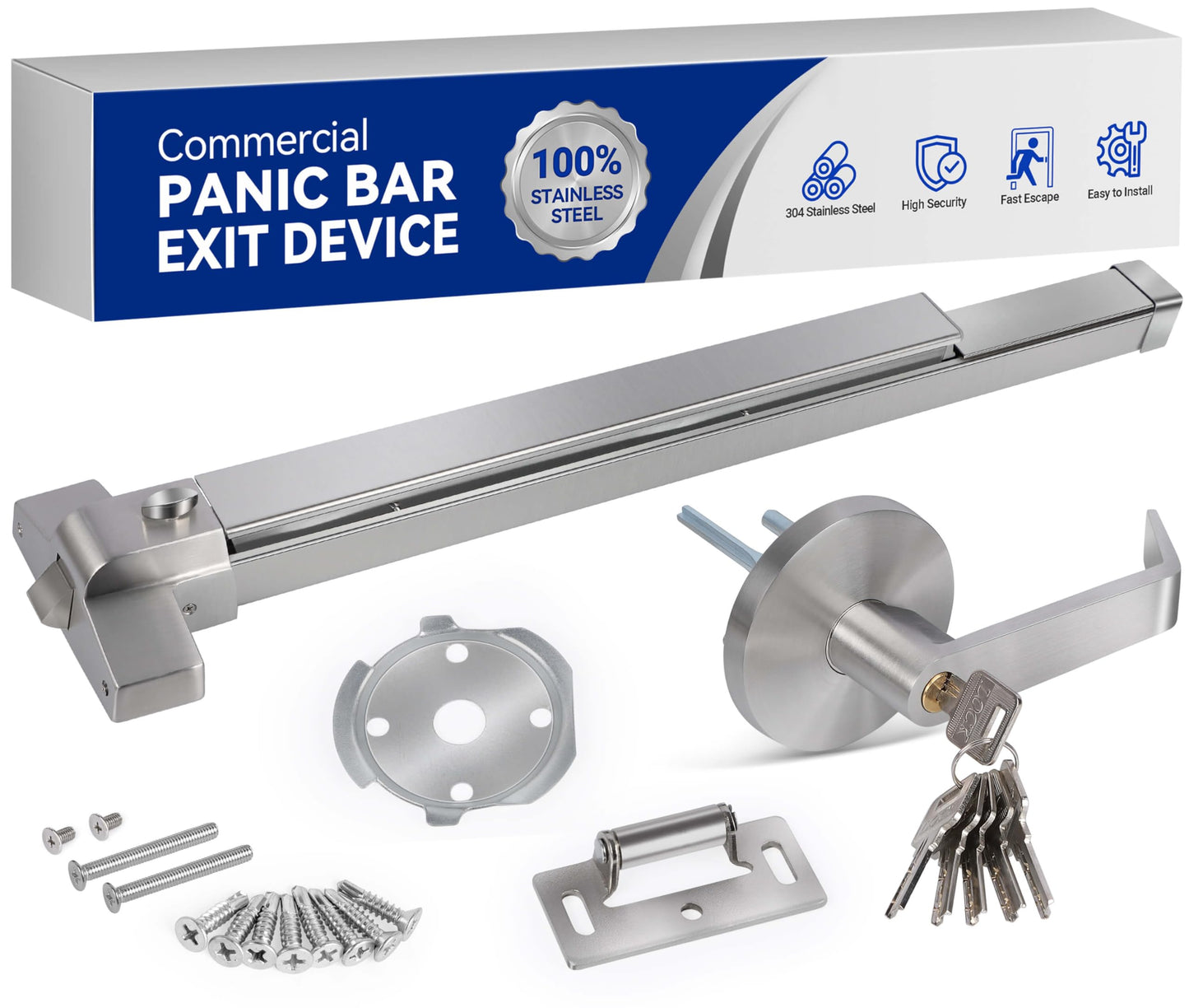 Polar Tangro 31" Commercial Door Push Bar with All 304 Stainless Steel Tail Cover, Grade 1 Panic Exit Device with Exterior Lever Handle & 6 Keys, Heavy Duty Emergency Hardware for Metal/Wood Doors