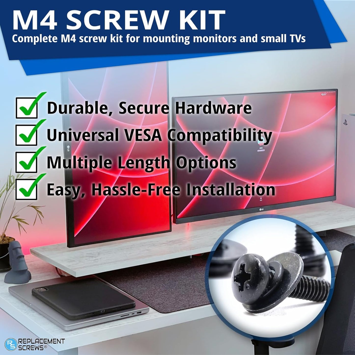 ReplacementScrews M4 10mm 75x75mm 100x100mm VESA Compatible TV/Monitor Wall Mount Screws for and Brackets. Metric