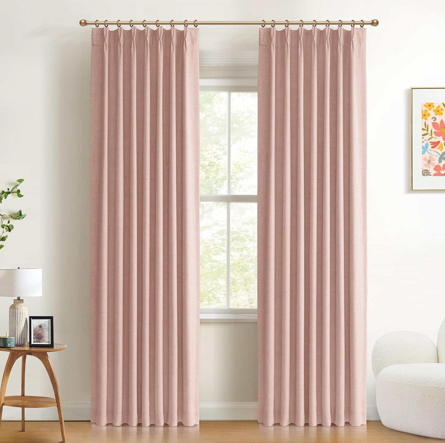 Skiennix 100% Blackout Curtains - Faux Linen Pinch Pleated Drapes, 96" Long, Blush Pink, 2 Panels Set