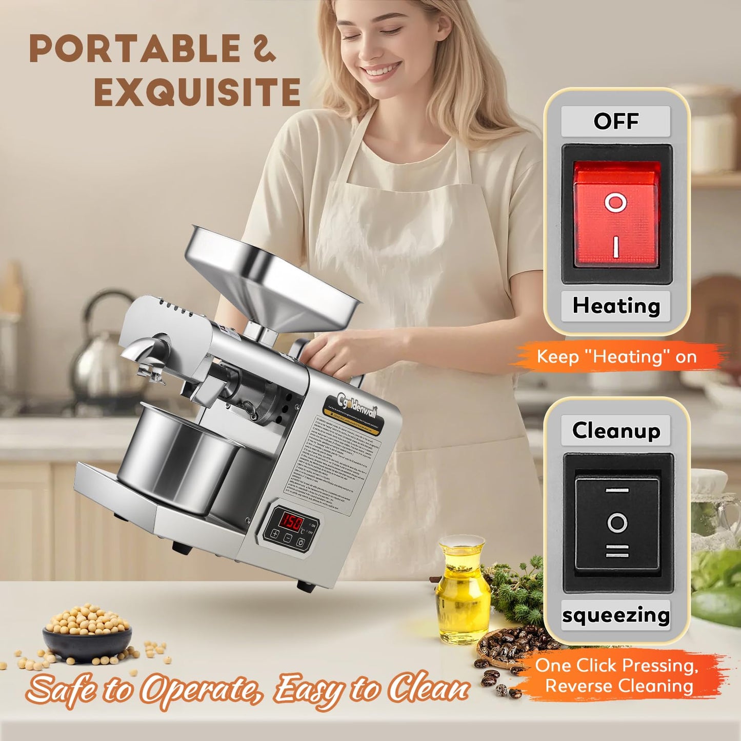 CGOLDENWALL Oil Press Machine,Automatic Oil Making,1000W Oil Extractor for Cold & Hot Pressing,Oil Maker with Intelligent Temperature Controller(32-572°F),Seeds Nuts Oil Expeller,CE(110V, US Plug)