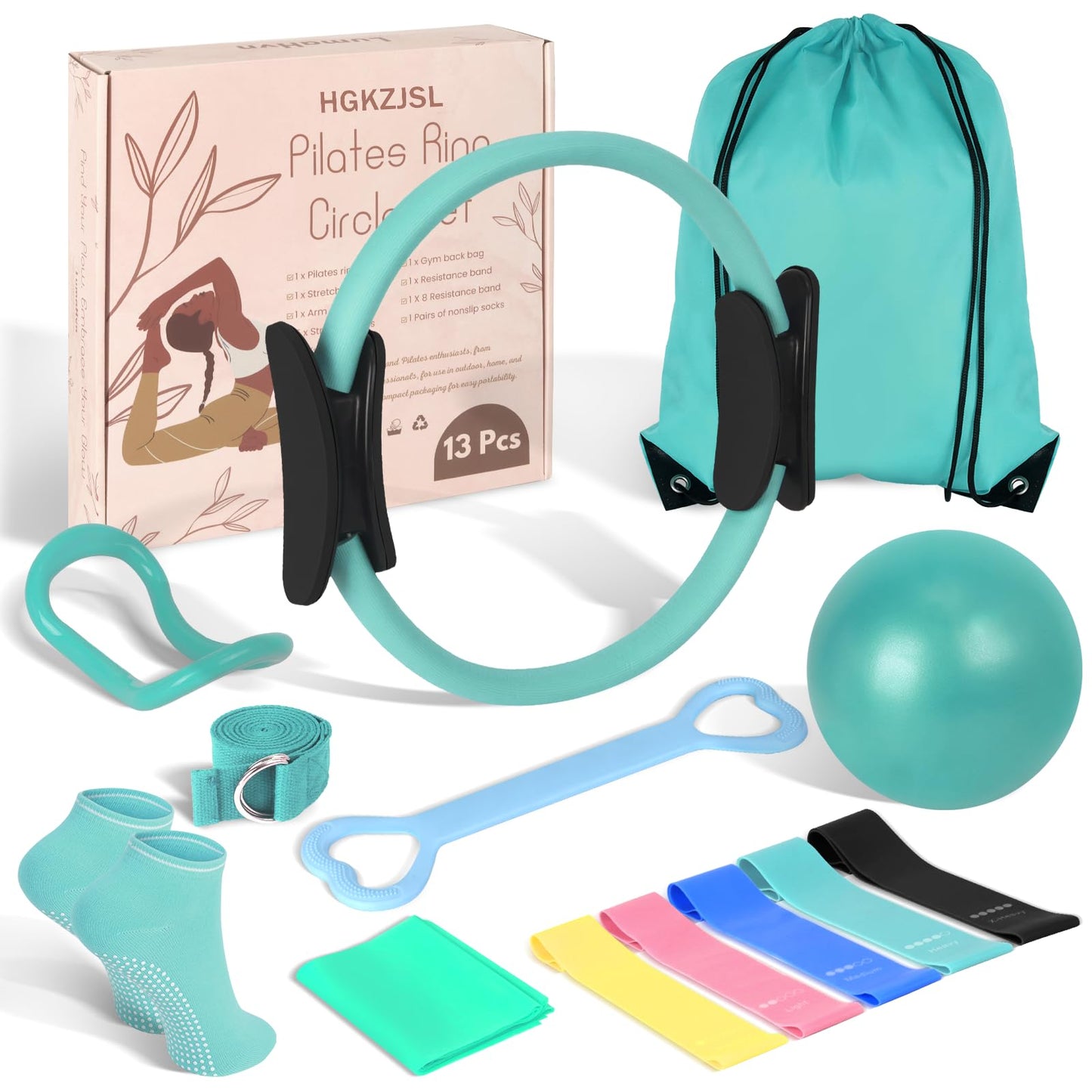 Pilates Kit for Women 13PCS, Pilates Ring and Ball Set with Magic Circle, Resistance Bands Set, Figure 8 Band, Yoga Ring & Grip Socks, Home Workout Equipment Essentials Starter Kit for Beginners