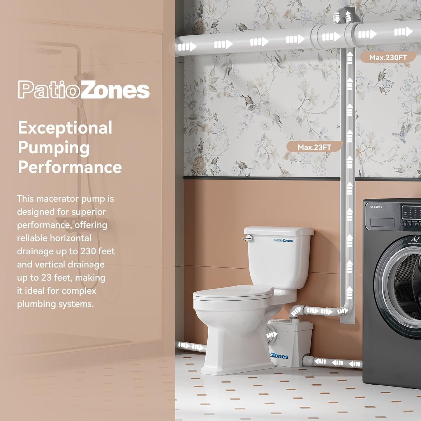 2026 Macerating Toilet System, 17.7" Tall Elongated Toilet with Grinder Pump for Basement Bathroom Sink/Shower/Laundry Wastewater Upflush, Quiet Copper Motor, Less Consumption, Nano-glaze Coating
