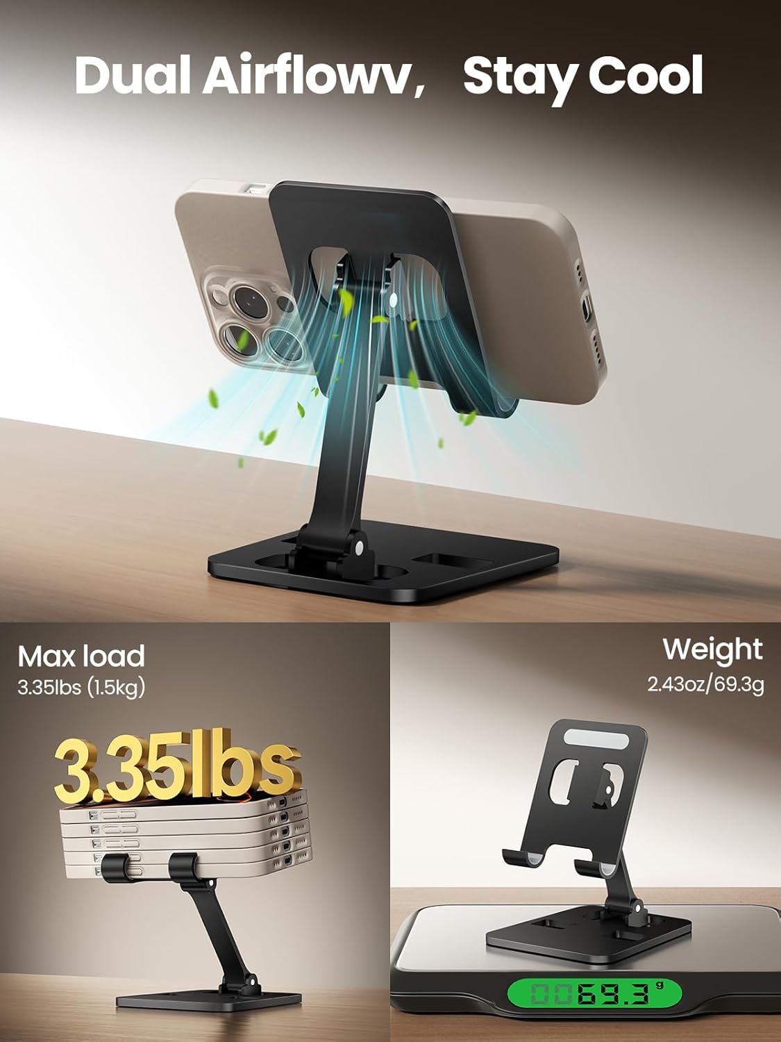 Anifrim 17 16 15 14 13 12 11 S25 S24, Phone Stand for Desk, Dual Folding Cell Phone Holder, Fully Adjustable Portable