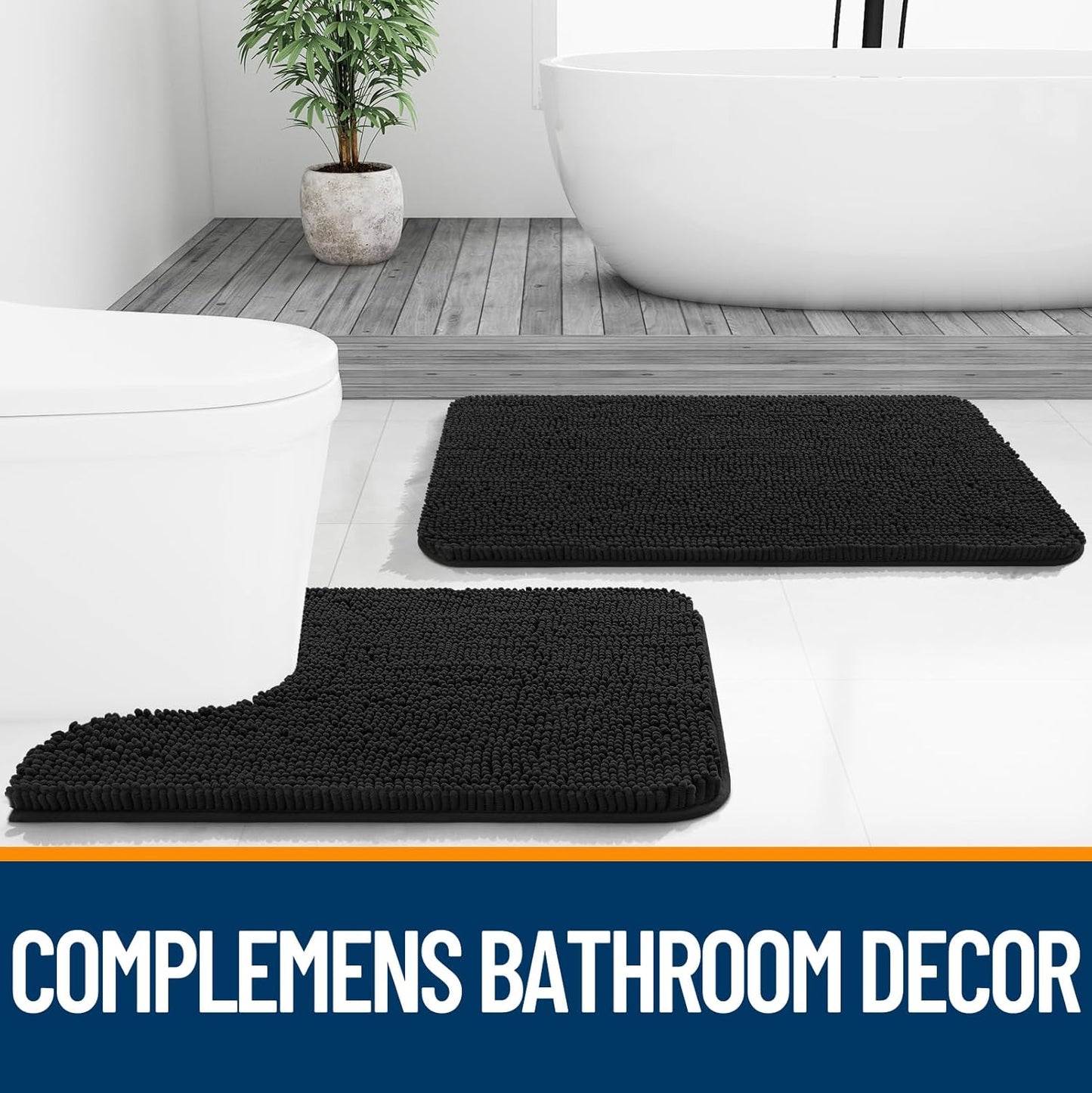 OLANLY Large Bathroom Rugs - Extra Soft Chenille Bath Mats | Quick Dry & Machine Washable, 59x35 in Black
