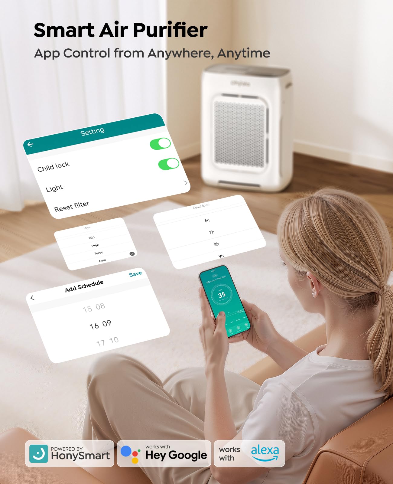 Air Purifier for Home Large Room up to 3000Ft², HEPA Air Purifier with Washable Double-Sided Filters, Smart WiFi, AQI Display, Air Cleaner for Pets, Allergies, Dust, Pollen, 15dB Sleep Mode, Fragrance