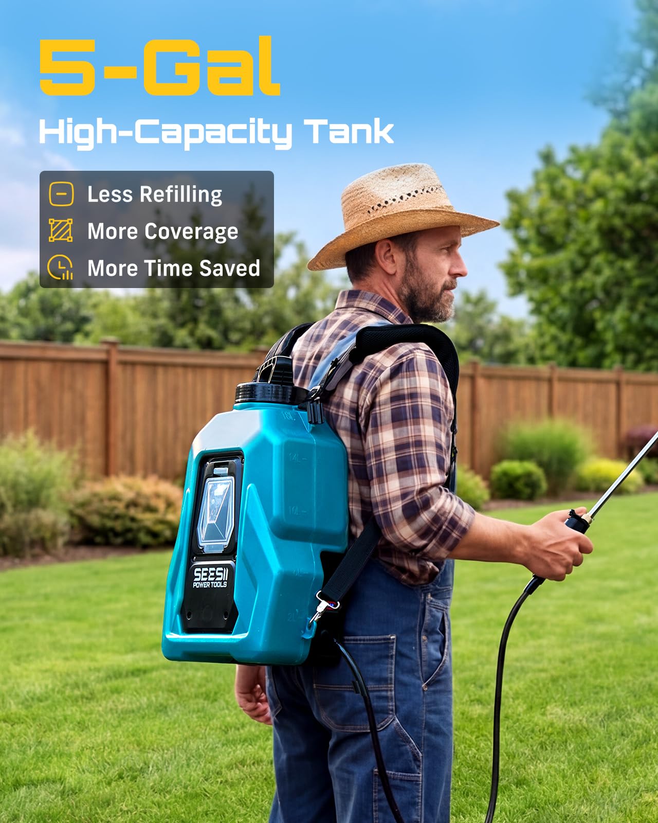 SEESII Backpack Sprayer Battery Powered, Leak-Proof 5-Gallon, Dual Battery Electric Sprayer with Telescopic Brass Wand & 7 Nozzles, 100 PSI Adjustable Pressure for Weed Lawn Garden Pest Control