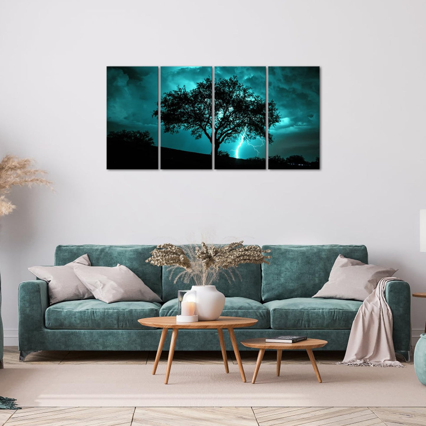 NutArtPic Tree Canvas Wall Art Teal Big Tree with Lightning Strikes Picture Artwork Natural Landscape Artwork Painting for Home Decor 12''x24''x4pcs (Teal)