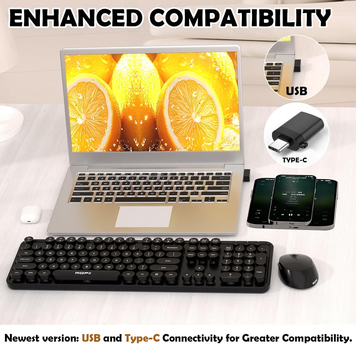 MOFII 104 Wireless Keyboard and Mouse Combo, Keys Full-Size Retro Round Keys Typewriter Keyboards Ergonomic Keyboards